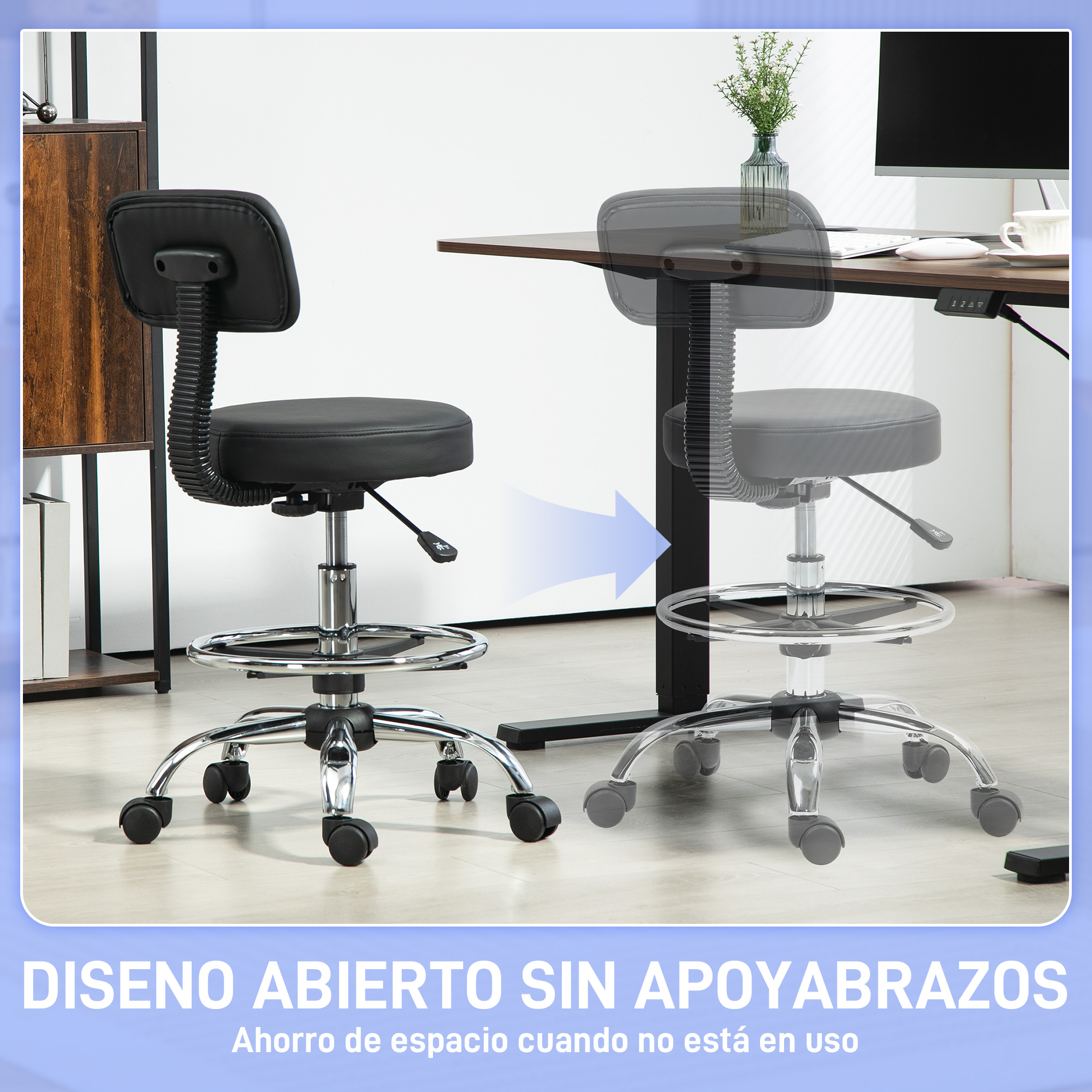 Silla de oficina negra con ruedas frente a un escritorio con ordenador.