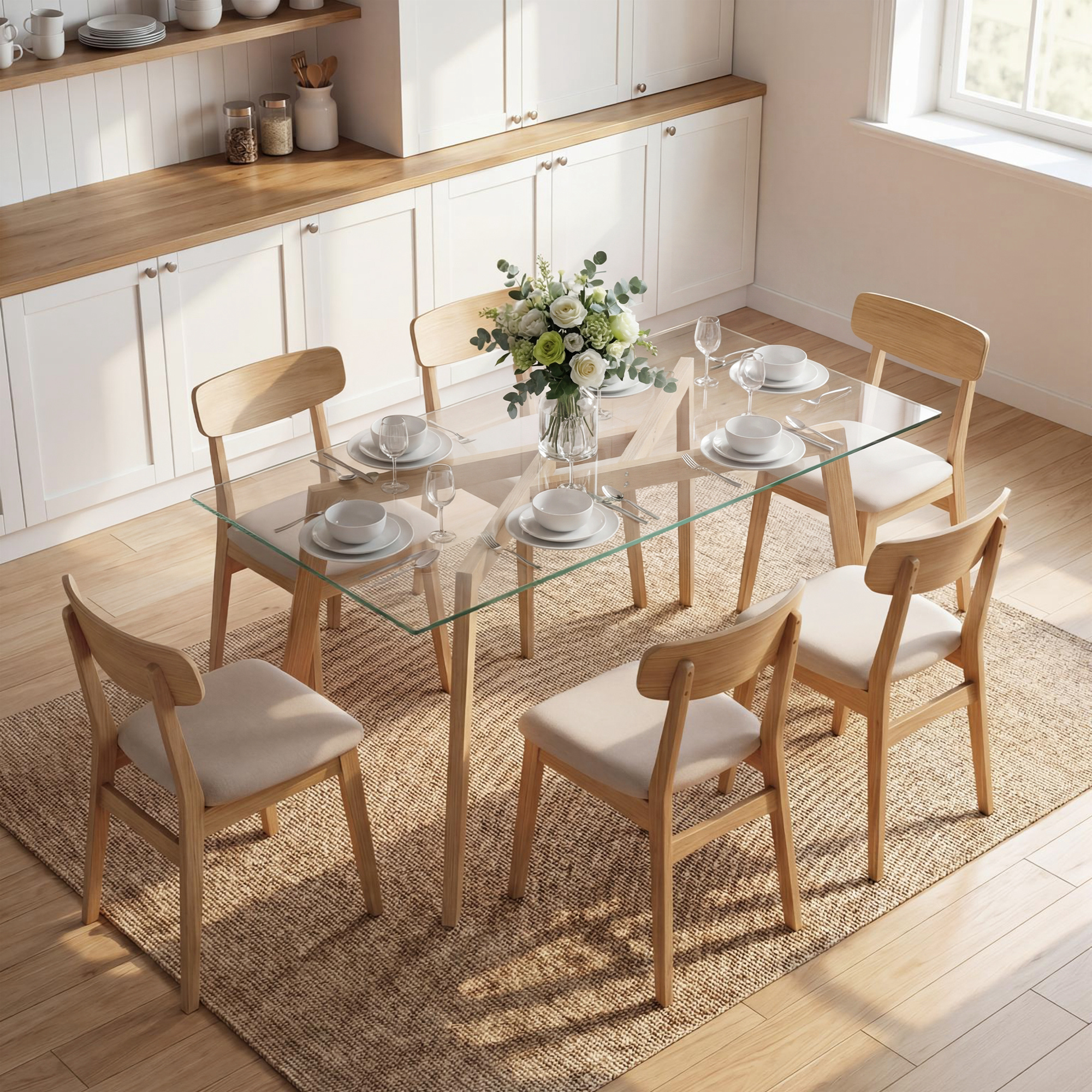 Una mesa de comedor de cristal con seis sillas de madera en una habitación luminosa.
