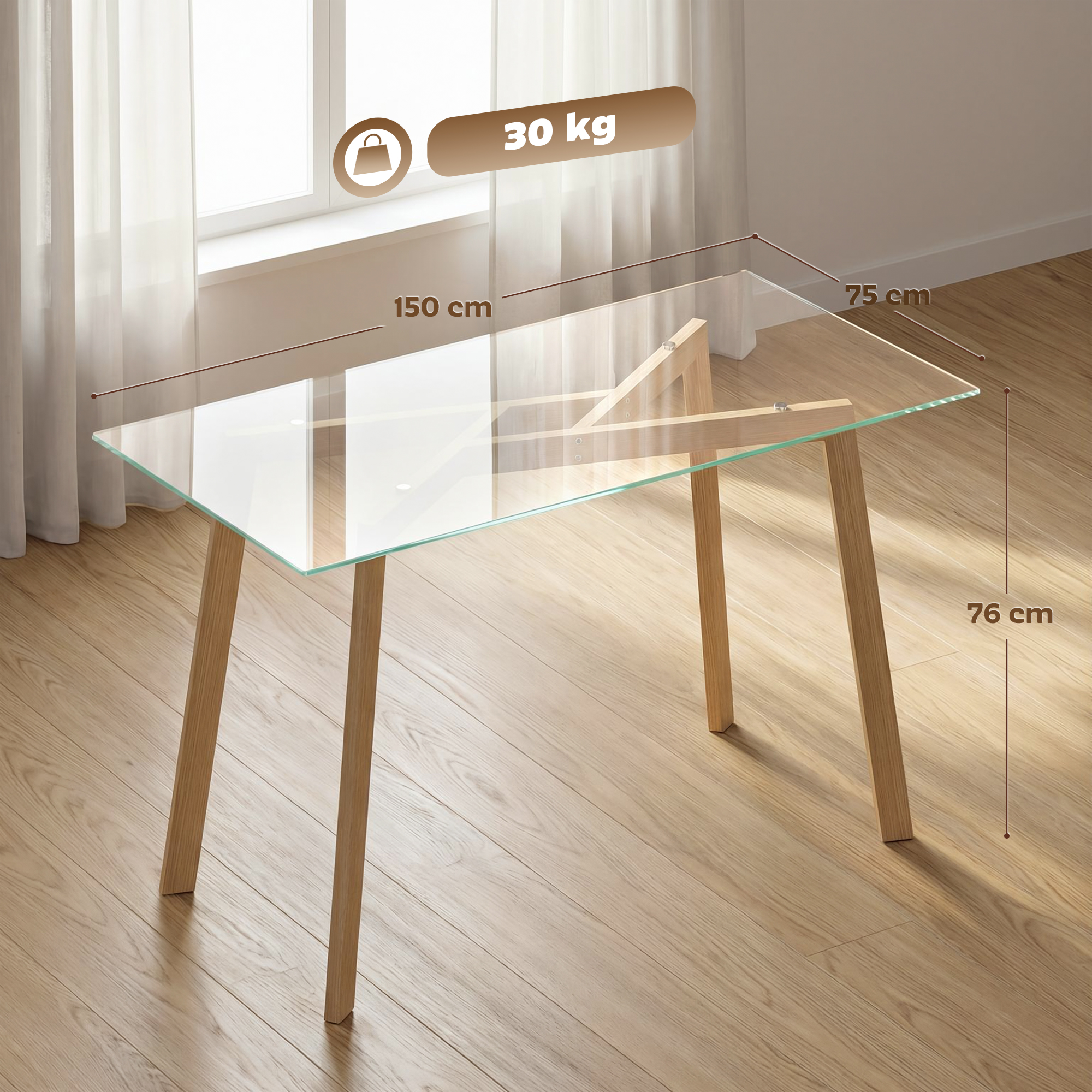 Mesa de cristal con patas de madera, 150x75x76 cm, soporta 30 kg.