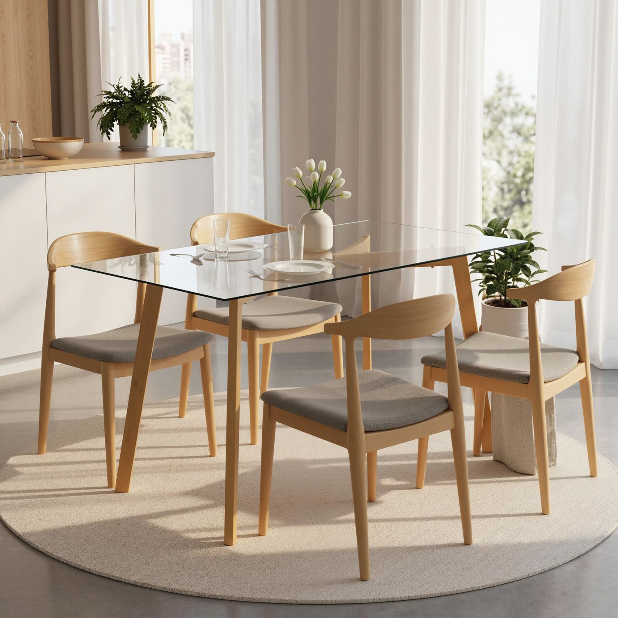 Un comedor con mesa de cristal y cuatro sillas de madera sobre alfombra redonda.