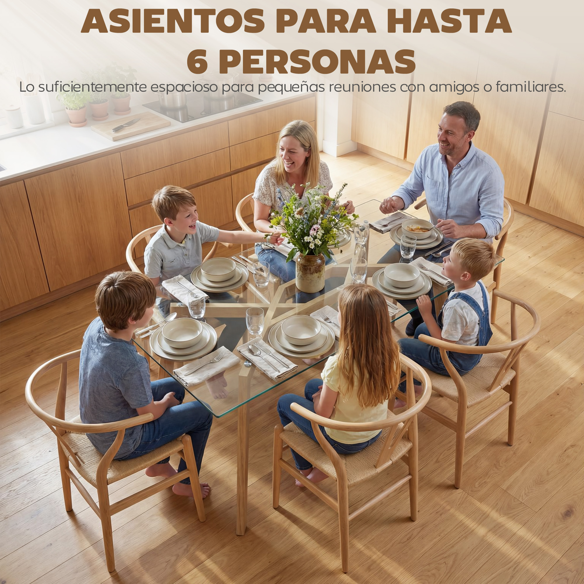 Una familia se sienta a una mesa de cristal en una cocina luminosa.
