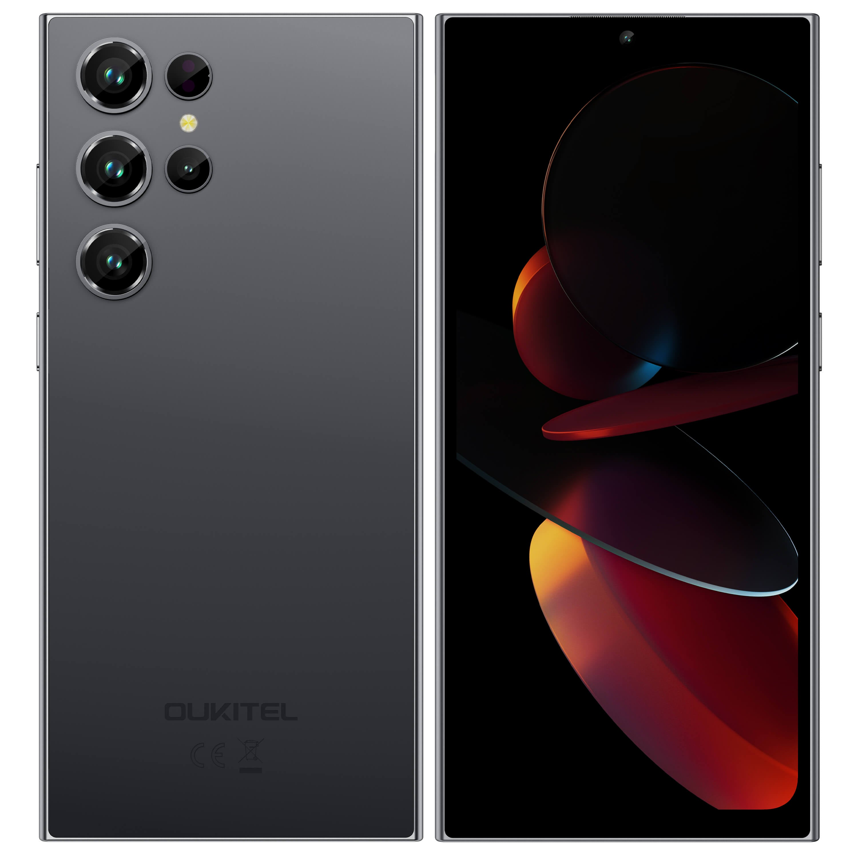 Un smartphone gris mostrando su parte trasera con cuatro cámaras y su frontal con un fondo abstracto oscuro.