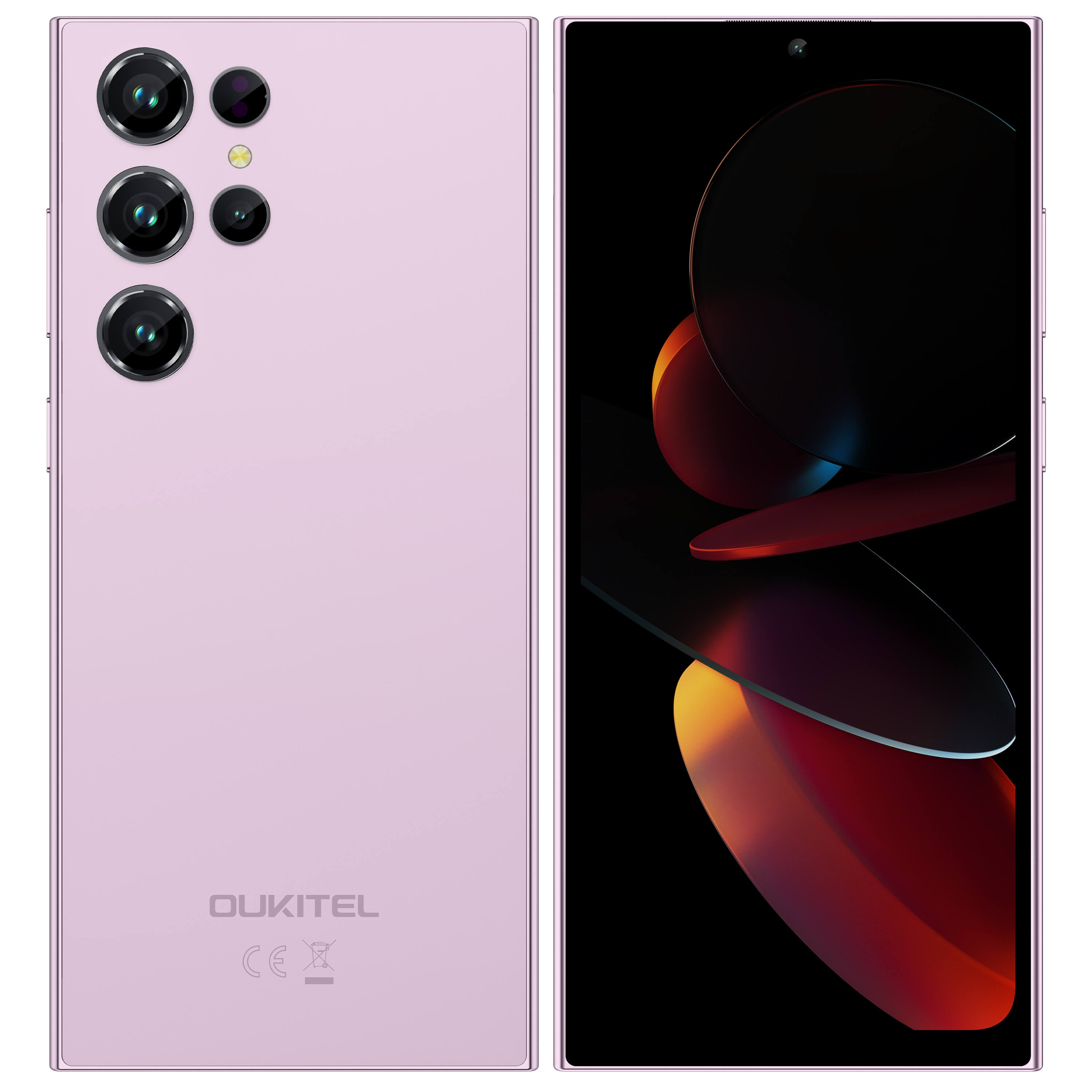 Un smartphone rosa claro con cuatro cámaras traseras y pantalla oscura con arte abstracto.