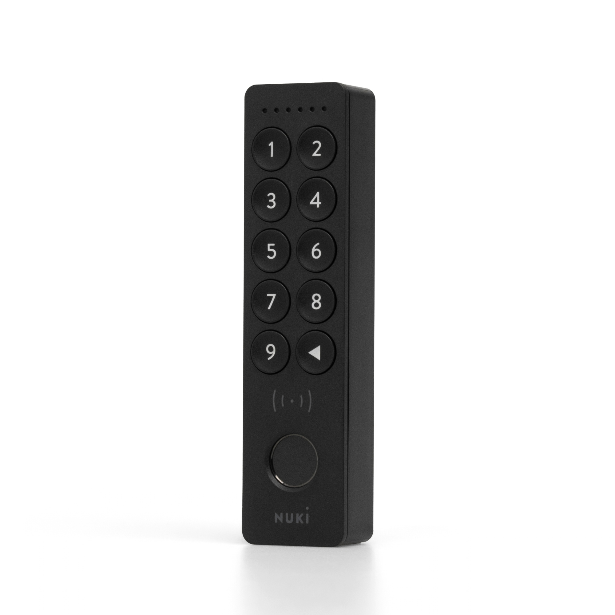 Black Nuki keypad with numbers 1-9, arrow, and ring button.