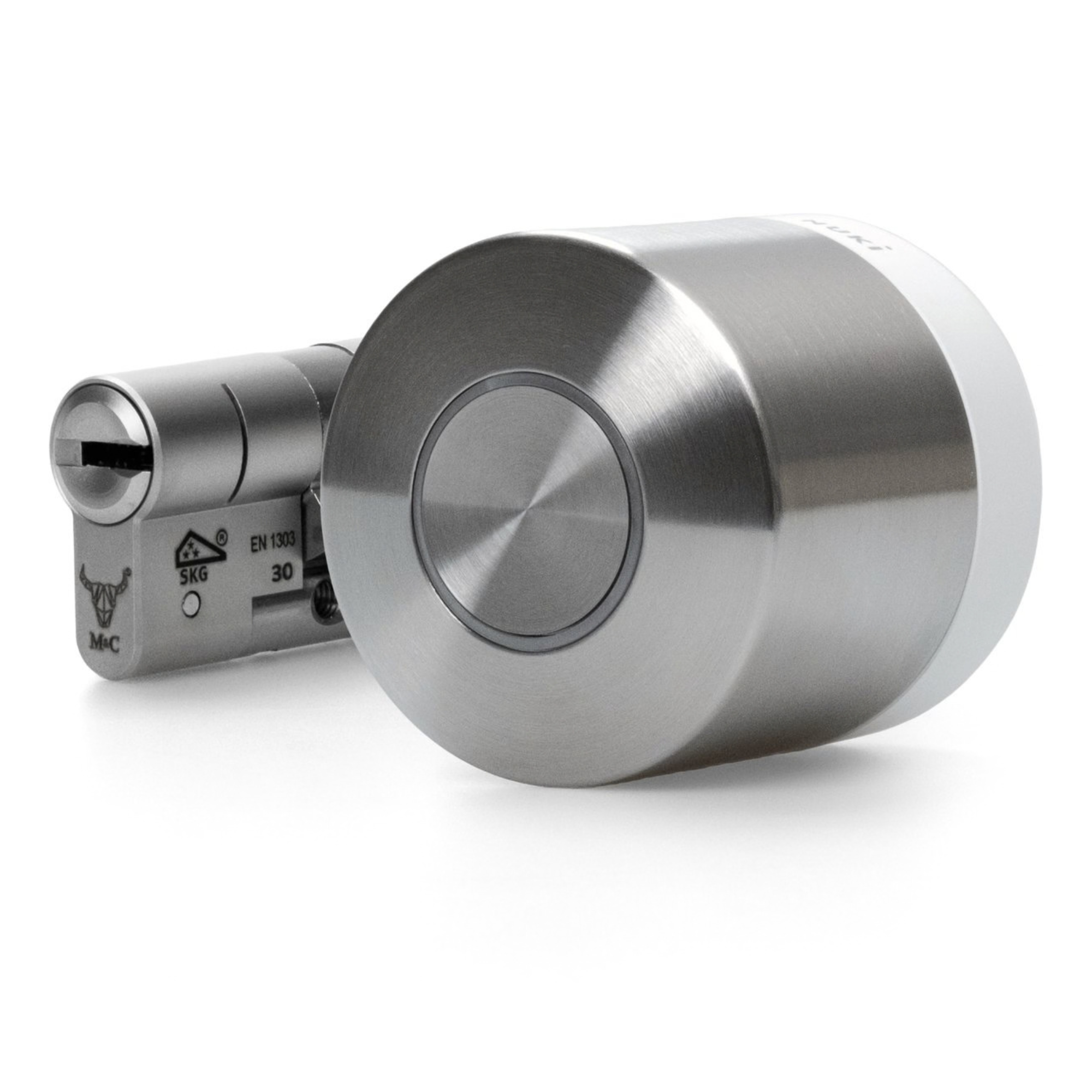 A silver cylinder lock with a round knob, on a white background.