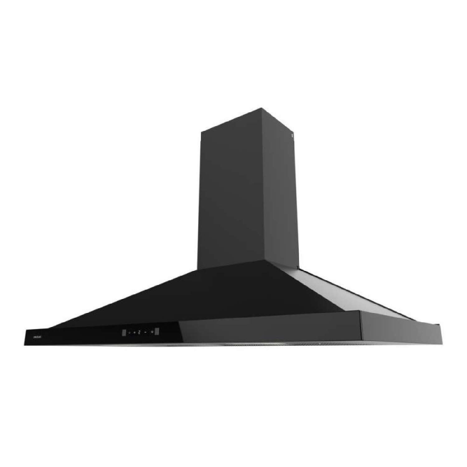 Una campana extractora de cocina moderna, negra y elegante con acabado metálico y controles digitales.