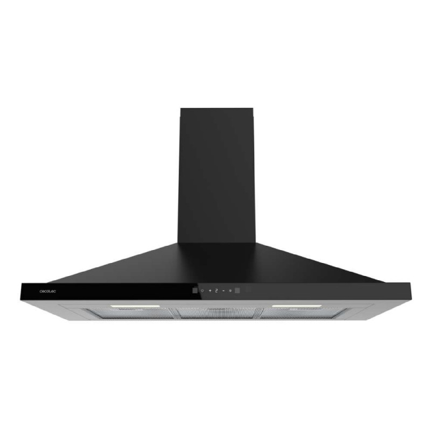 Campana extractora negra con filtro metálico y controles digitales.