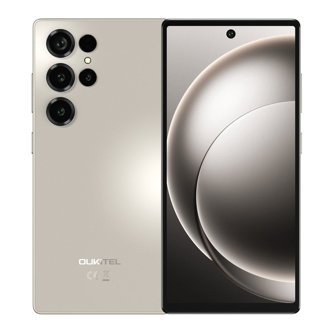 Se muestra un smartphone beige de frente y de espaldas. La parte trasera tiene una matriz de cámaras. La pantalla muestra un gráfico.