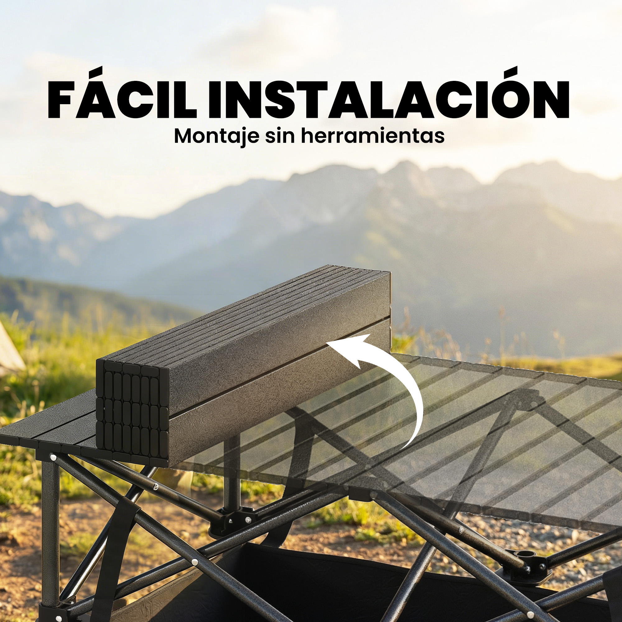 Mesa de camping negra con paisaje de montaña al fondo.
