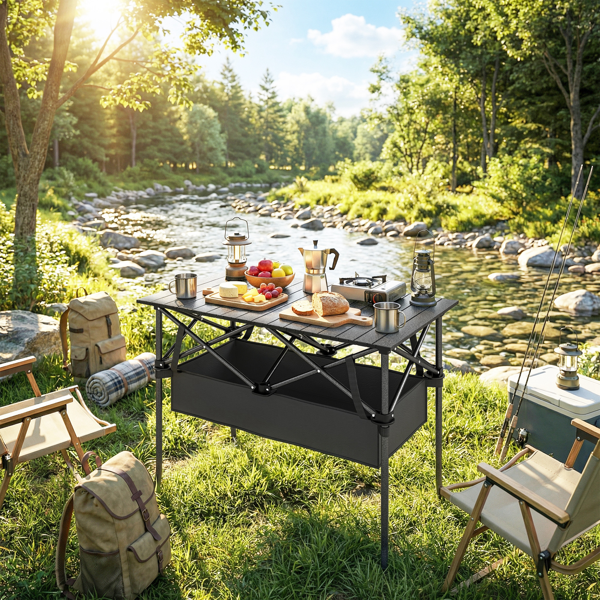 Mesa de camping con comida y sillas junto al río, cañas de pescar y nevera al fondo.