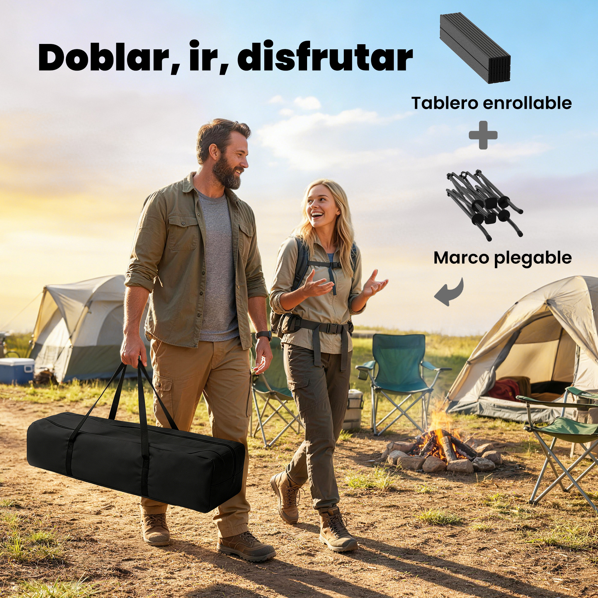Un hombre y una mujer caminan en un camping con equipo de campamento. Se ven tiendas y sillas.