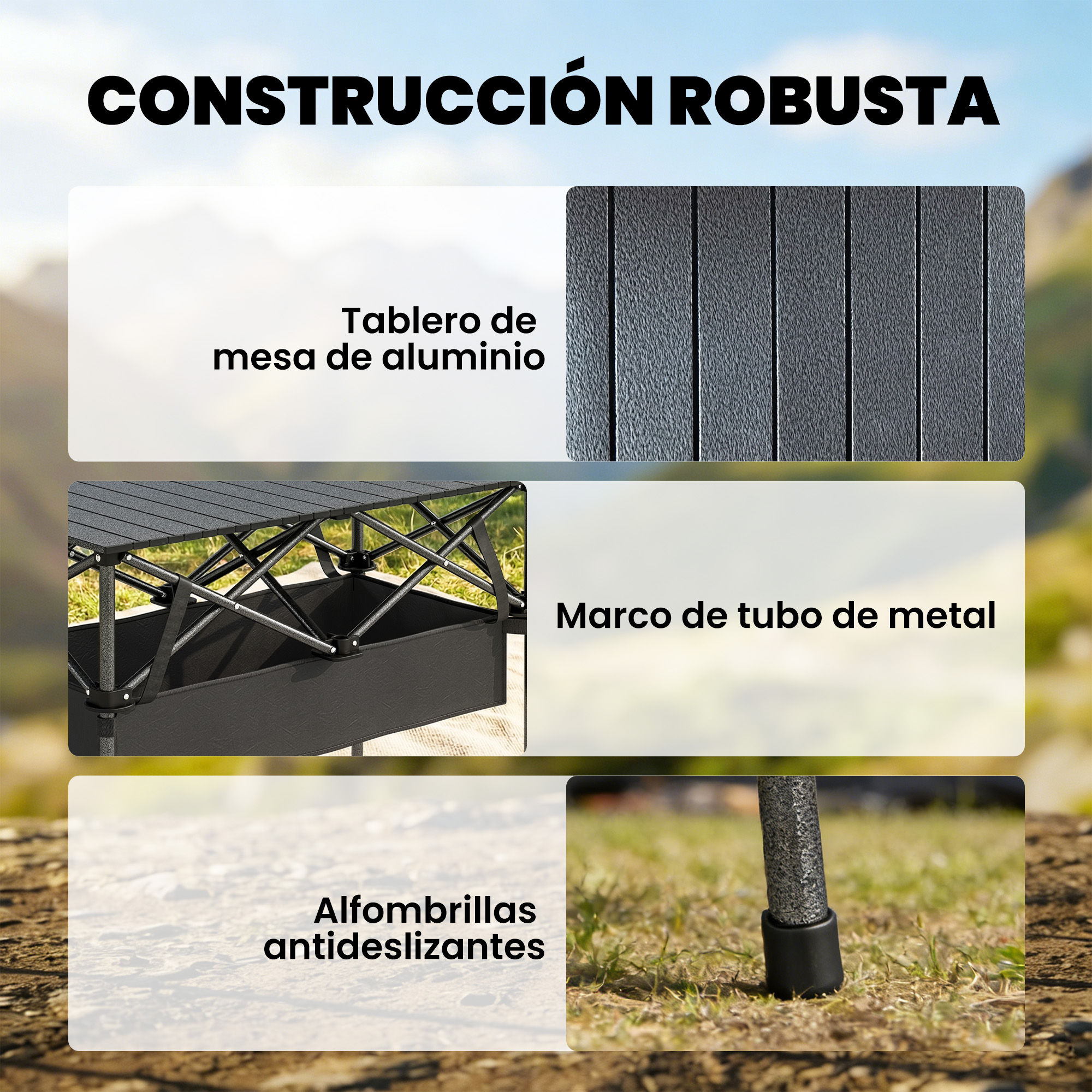 Construcción robusta: tablero de aluminio, marco de metal, pies antideslizantes.