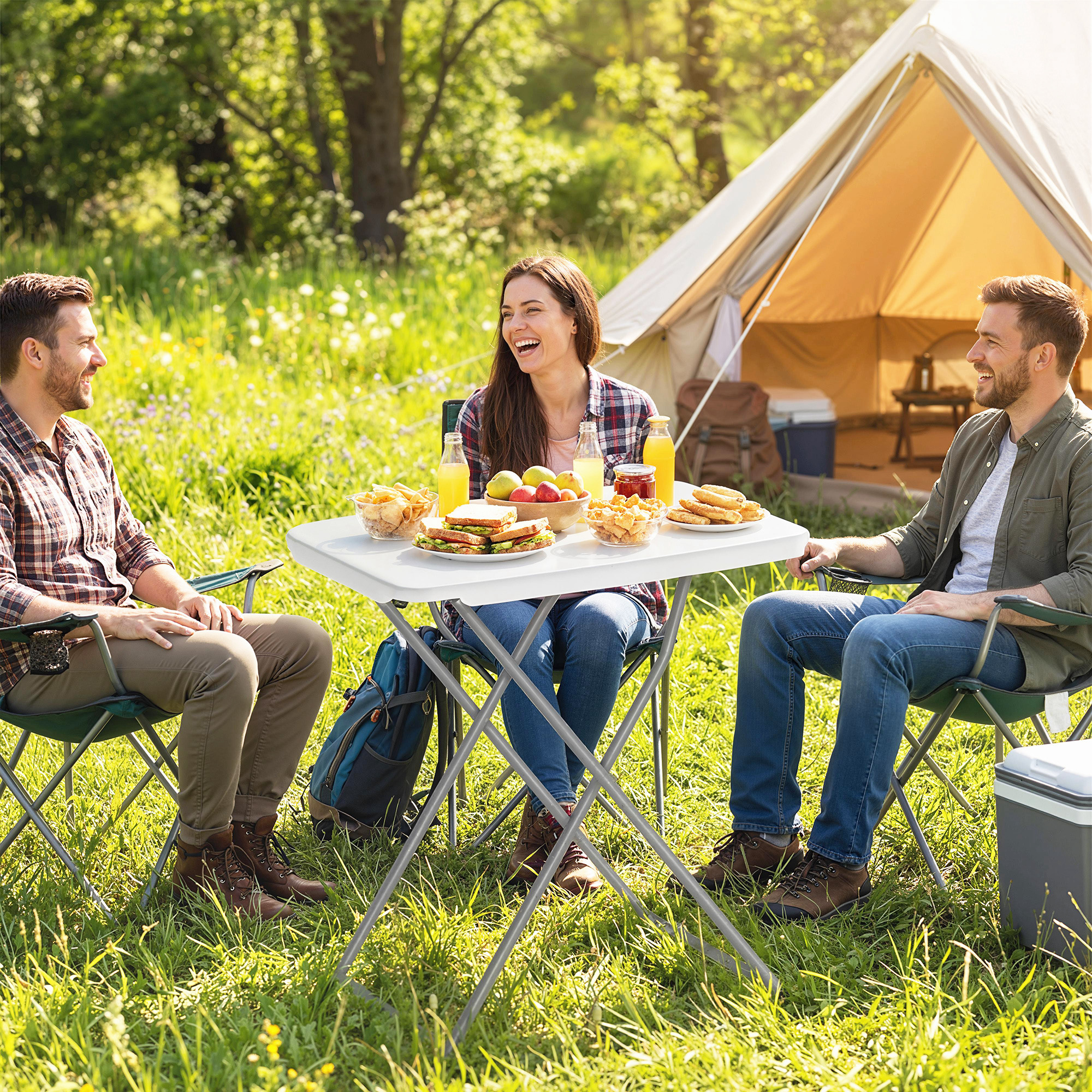 Tres personas acampan y comen en una mesa al aire libre frente a una tienda.
