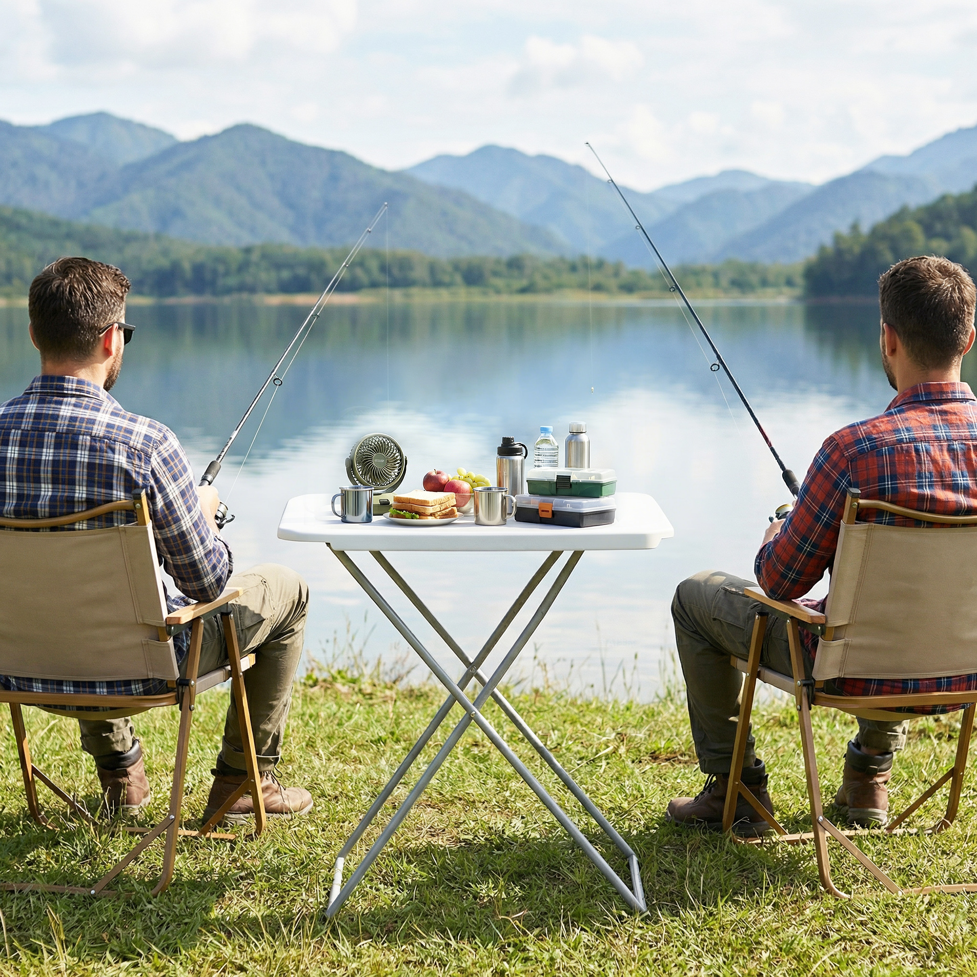 Dos hombres pescan junto a un lago con montañas al fondo. Una mesa entre ellos.