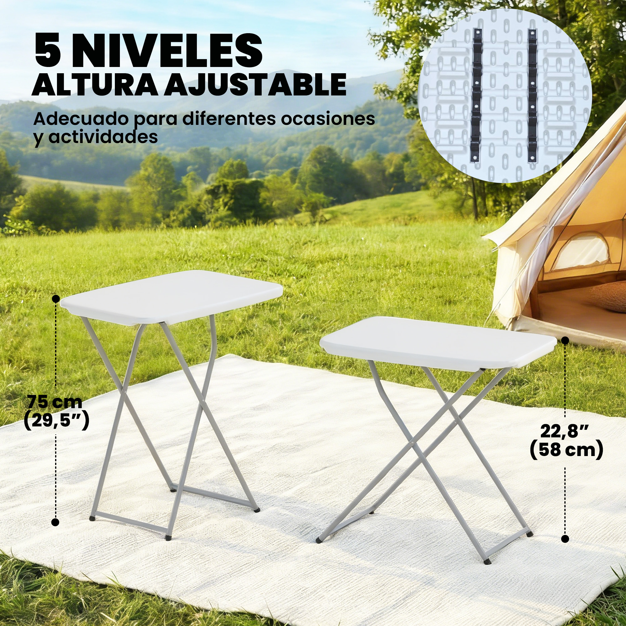 Dos mesas plegables blancas al aire libre, una tienda de campaña al fondo.
