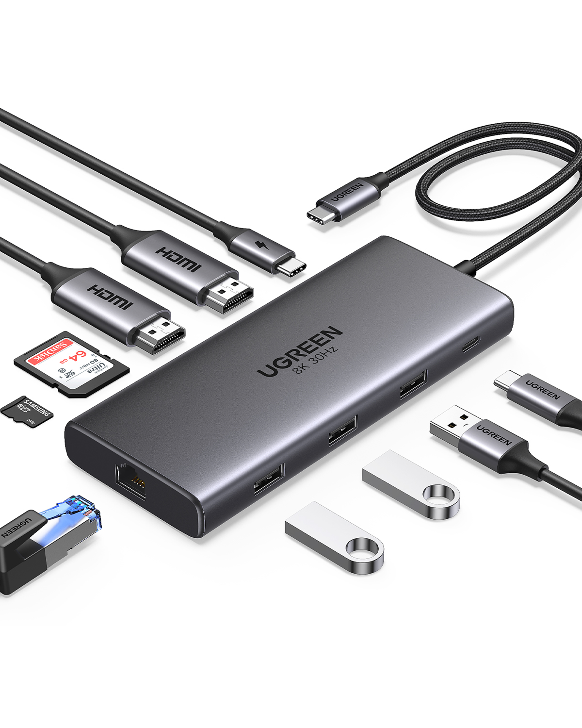 Szara stacja dokująca USB-C z portami HDMI, USB-A, kartami SD i kablami.
