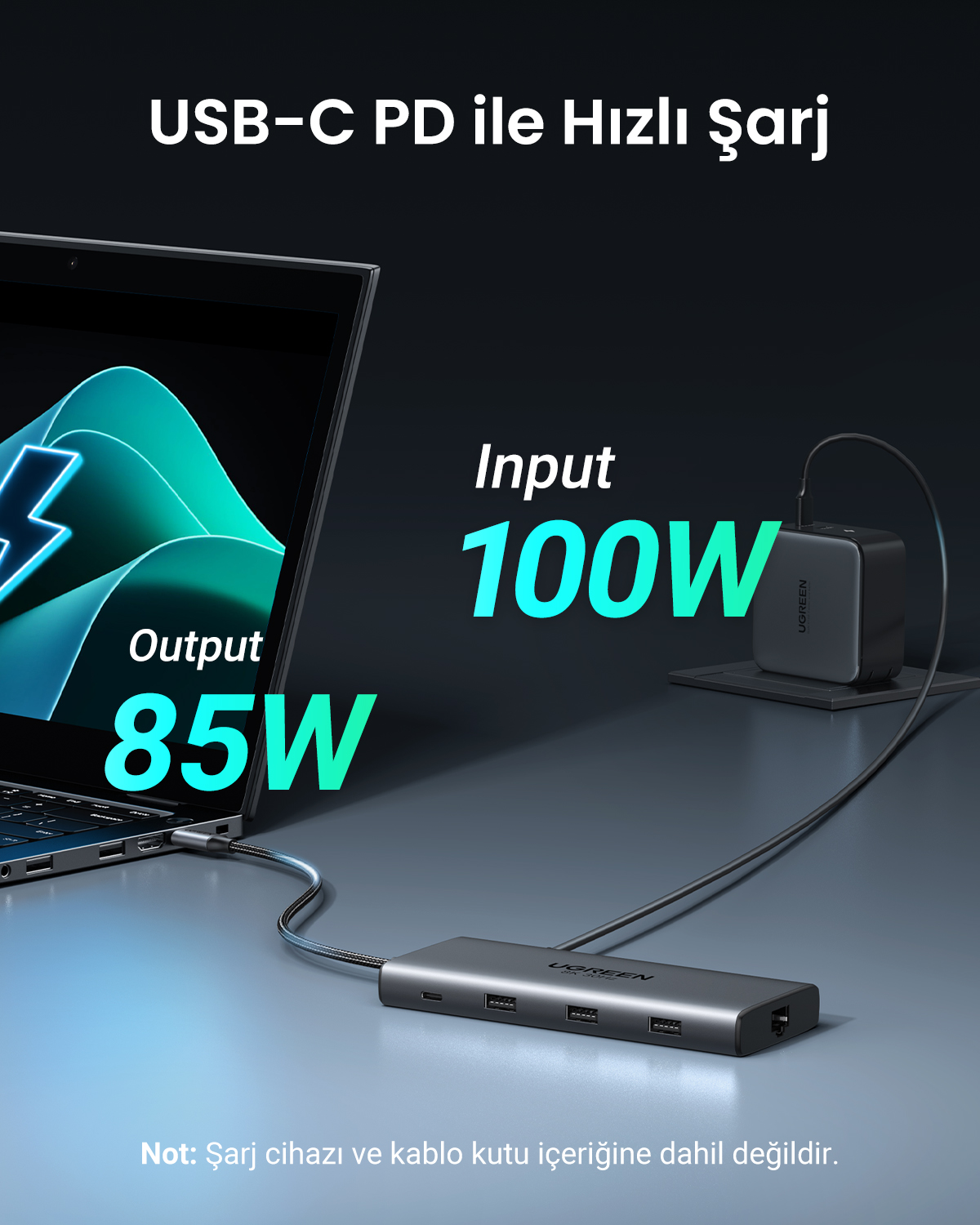 Hub USB-C z wyjściem 85W i wejściem 100W, podłączony do laptopa.