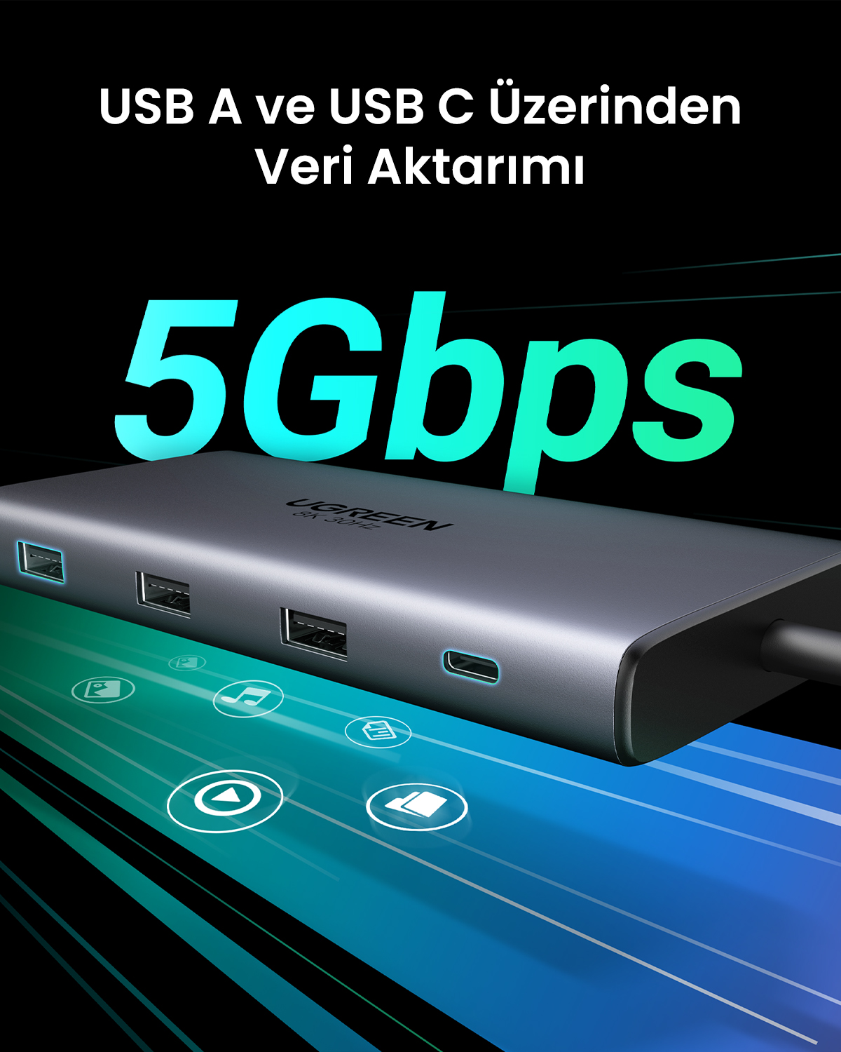Szary hub USB-C z wieloma portami i prędkością danych 5 Gbps.