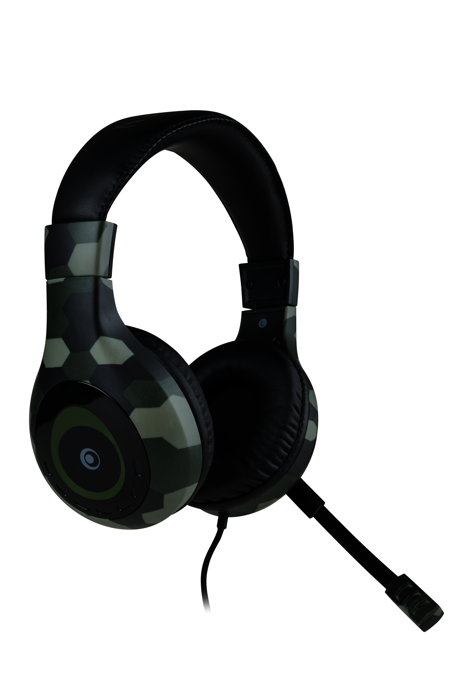 Un auricolare con motivo mimetico verde e nero su sfondo nero.