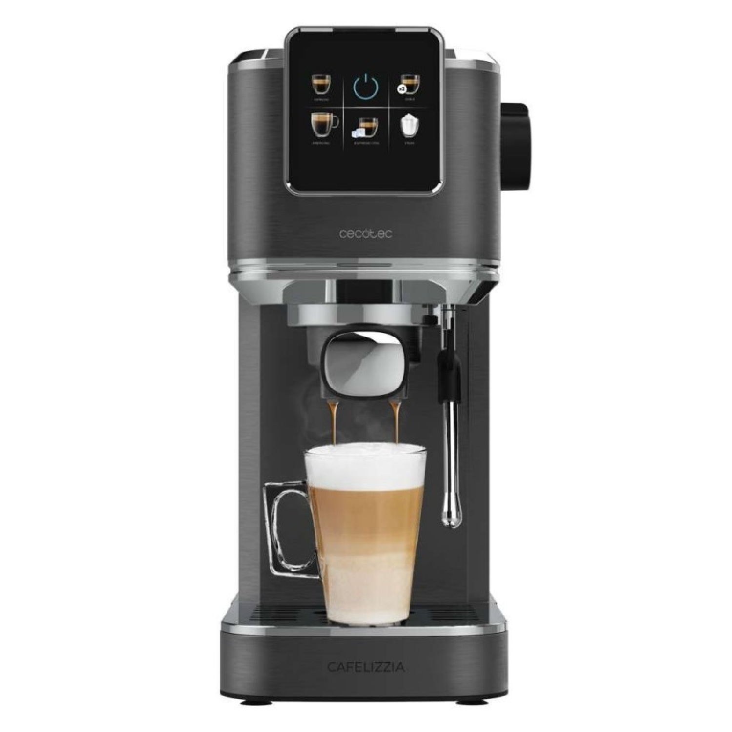 Una cafetera preparando un latte en un vaso.