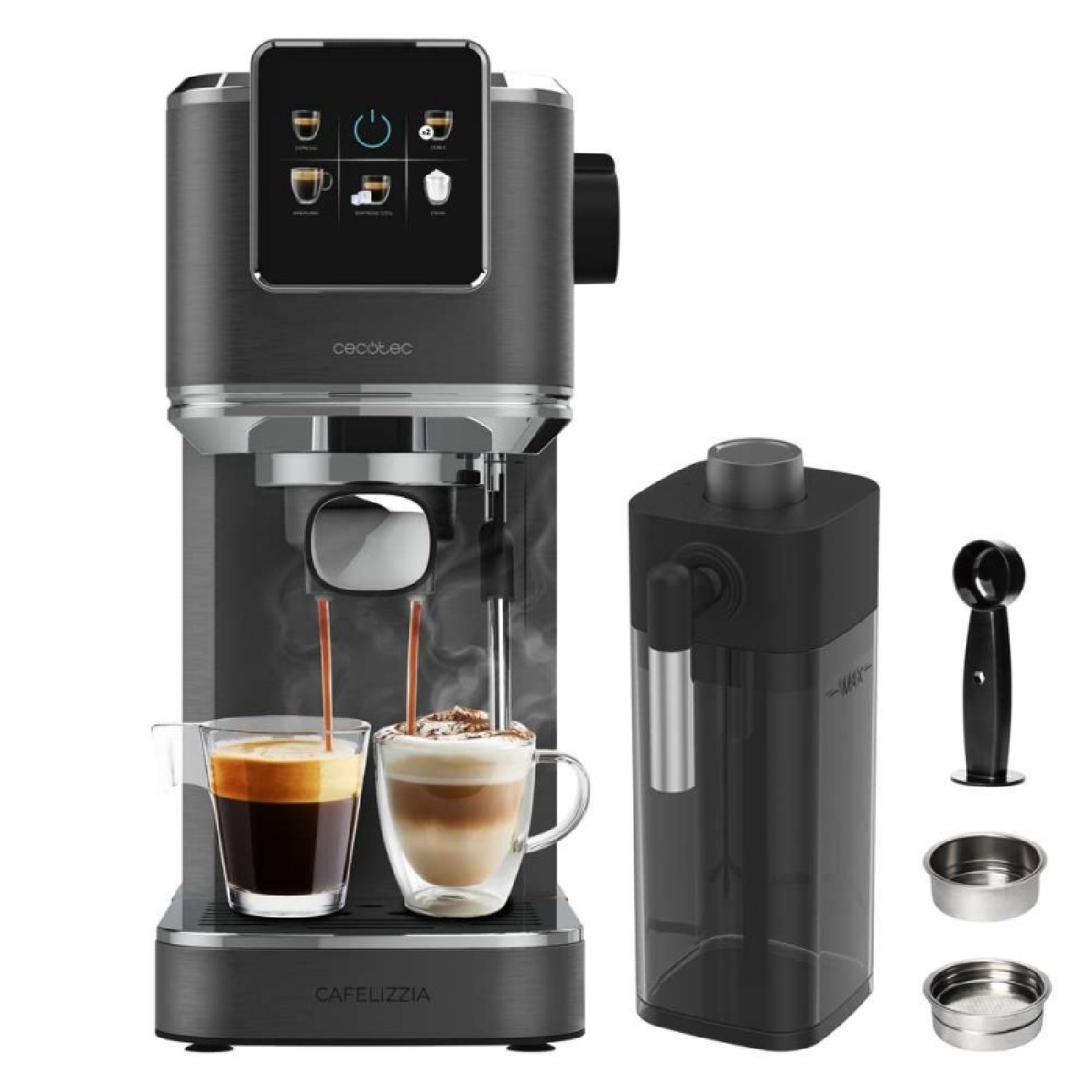 Una cafetera gris oscuro prepara espresso y latte en vasos transparentes. Accesorios al lado.