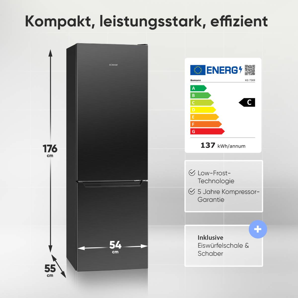 Schwarzer Kühlschrank mit Energieeffizienzlabel C, Maßen 176x54x55 cm.