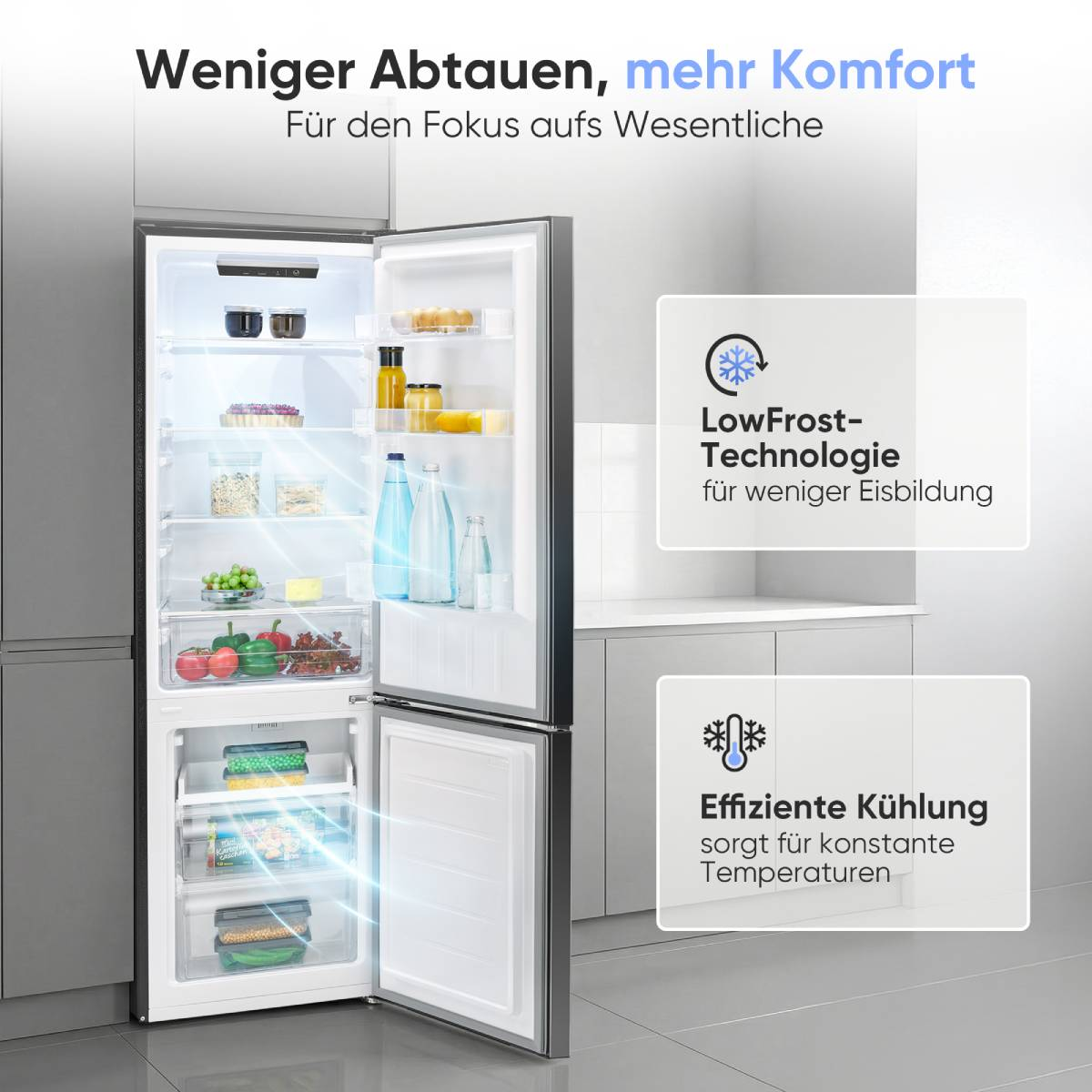 Offener Kühlschrank mit Lebensmitteln und Hinweisen zu LowFrost- und Kühltechnologie.