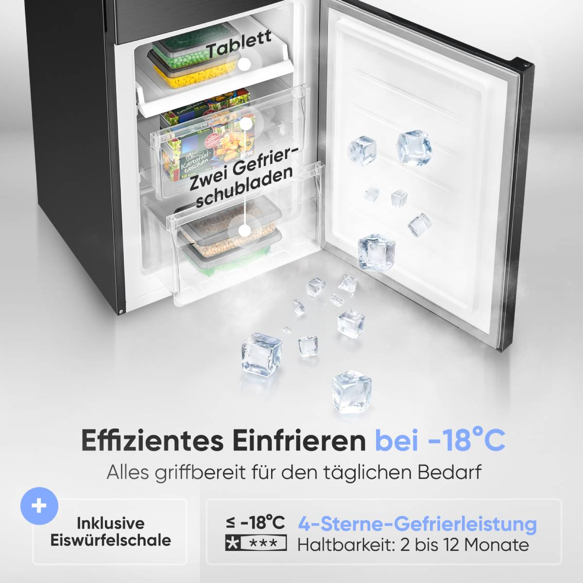 Gefrierschrank mit zwei Schubladen, Eiswürfeln und Text.