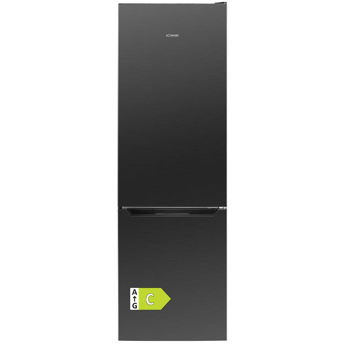 Schwarzer Kühlschrank mit Energieeffizienzlabel C.
