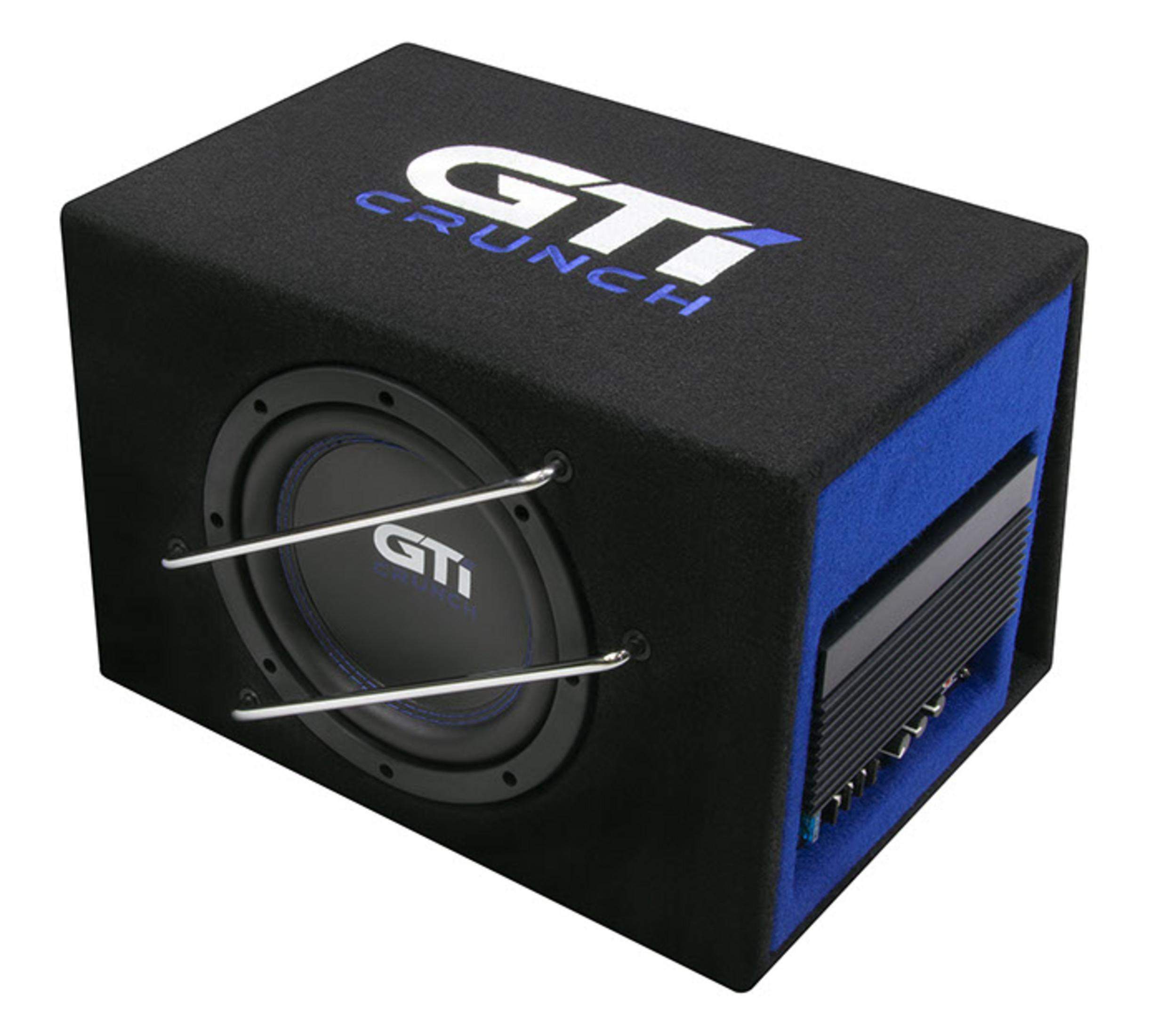 Schwarze Bassbox mit blauem Innenraum und GTI Crunch Logo.
