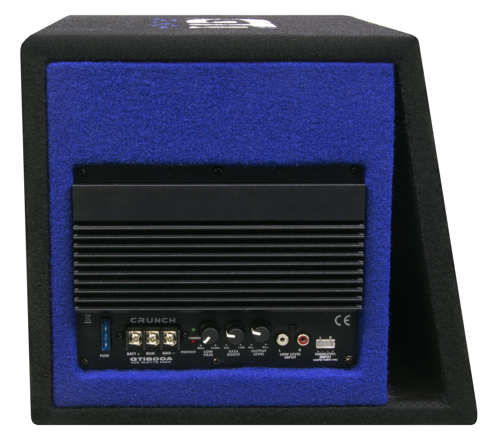 Ein schwarzer Subwoofer mit blauer Stoffverkleidung und einem Bedienfeld.