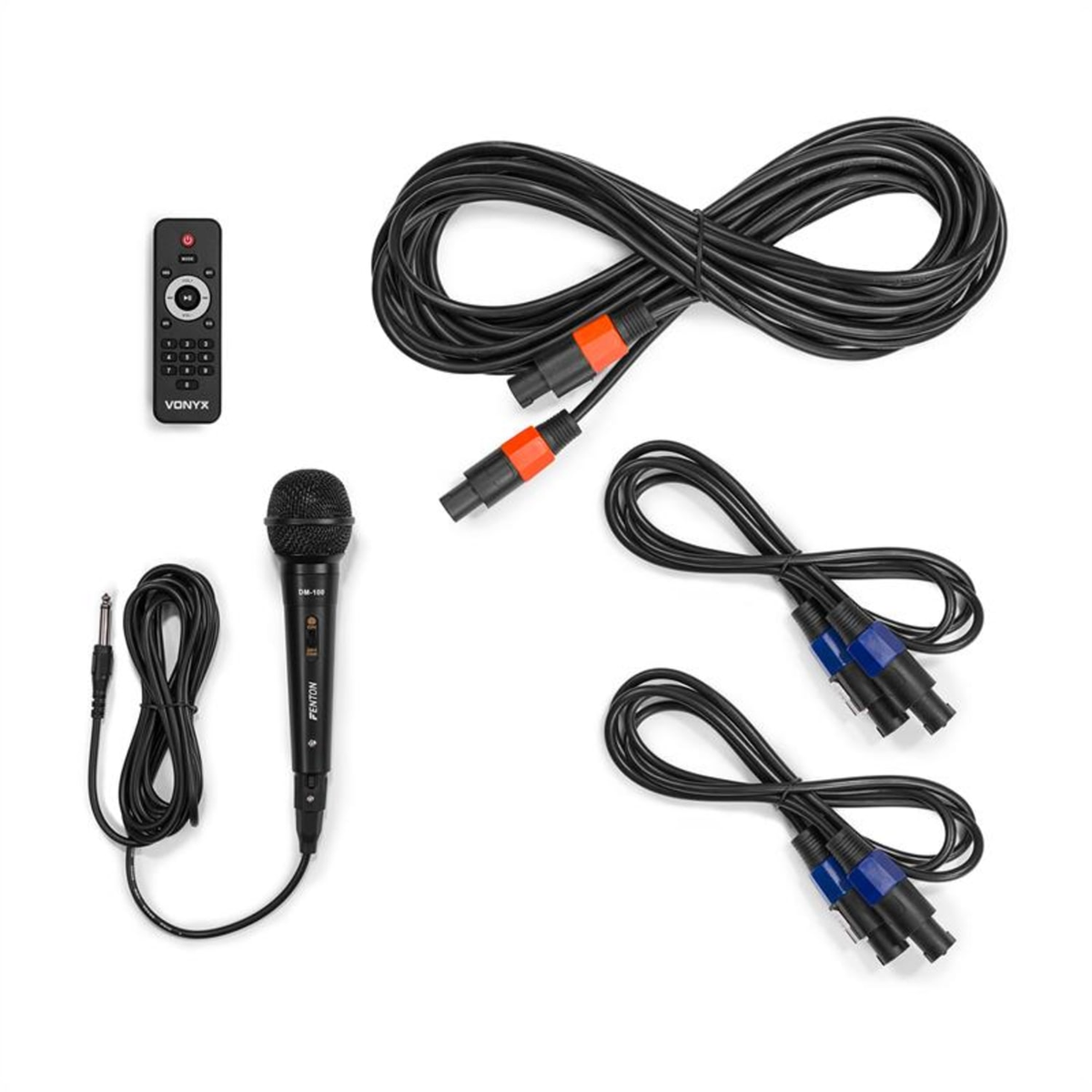 Microfono, telecomando, cavo jack e due cavi con connettori XLR.