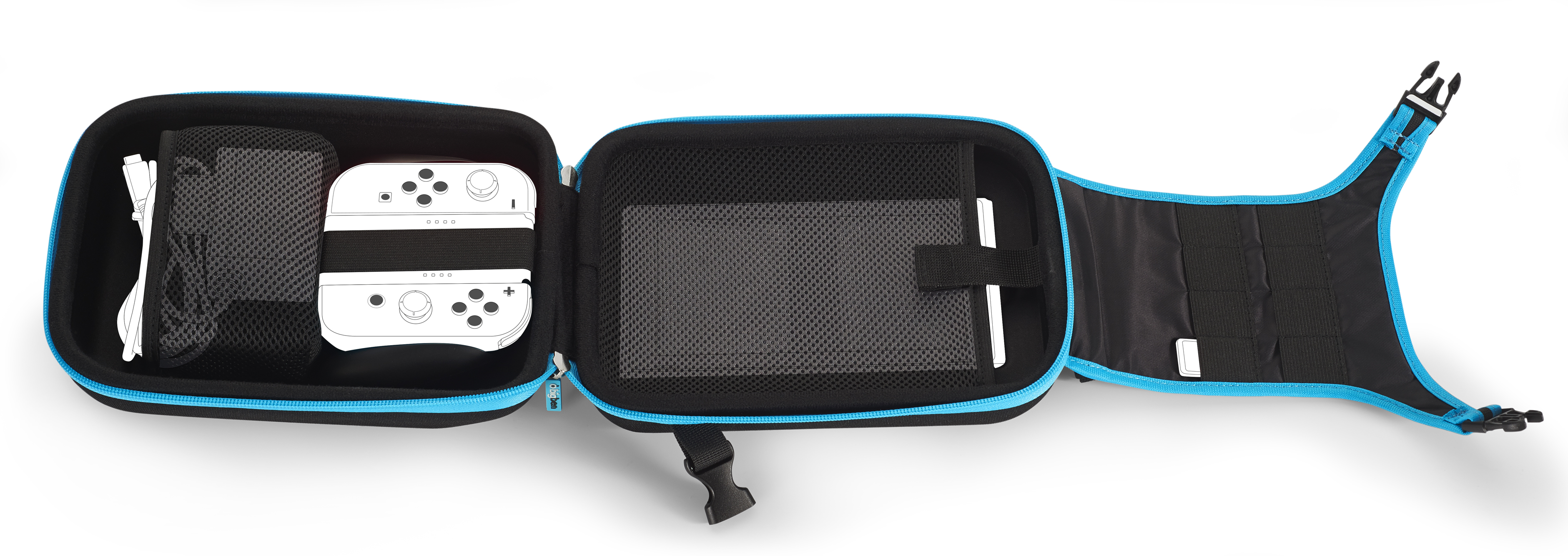 Eine blaue und schwarze Tasche für Spielekonsolen mit Zubehör.