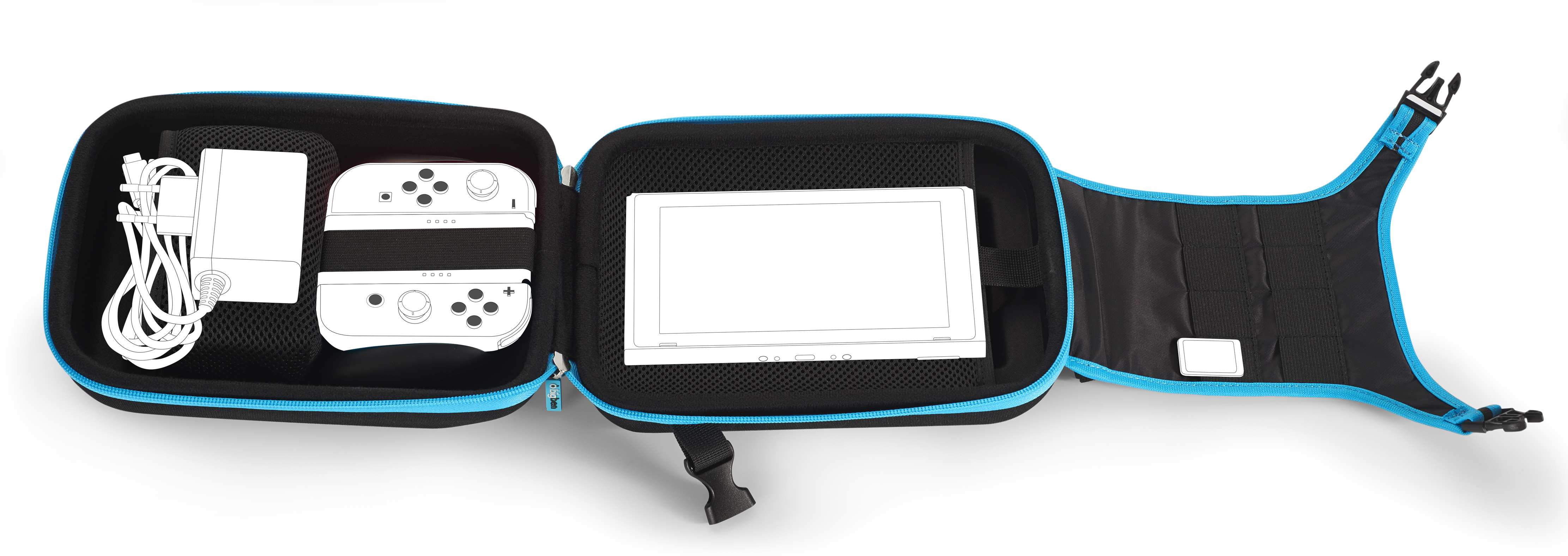 Offene blaue Tasche mit Netzfutter. Enthält Netzteil, Controller und Spielekonsole.