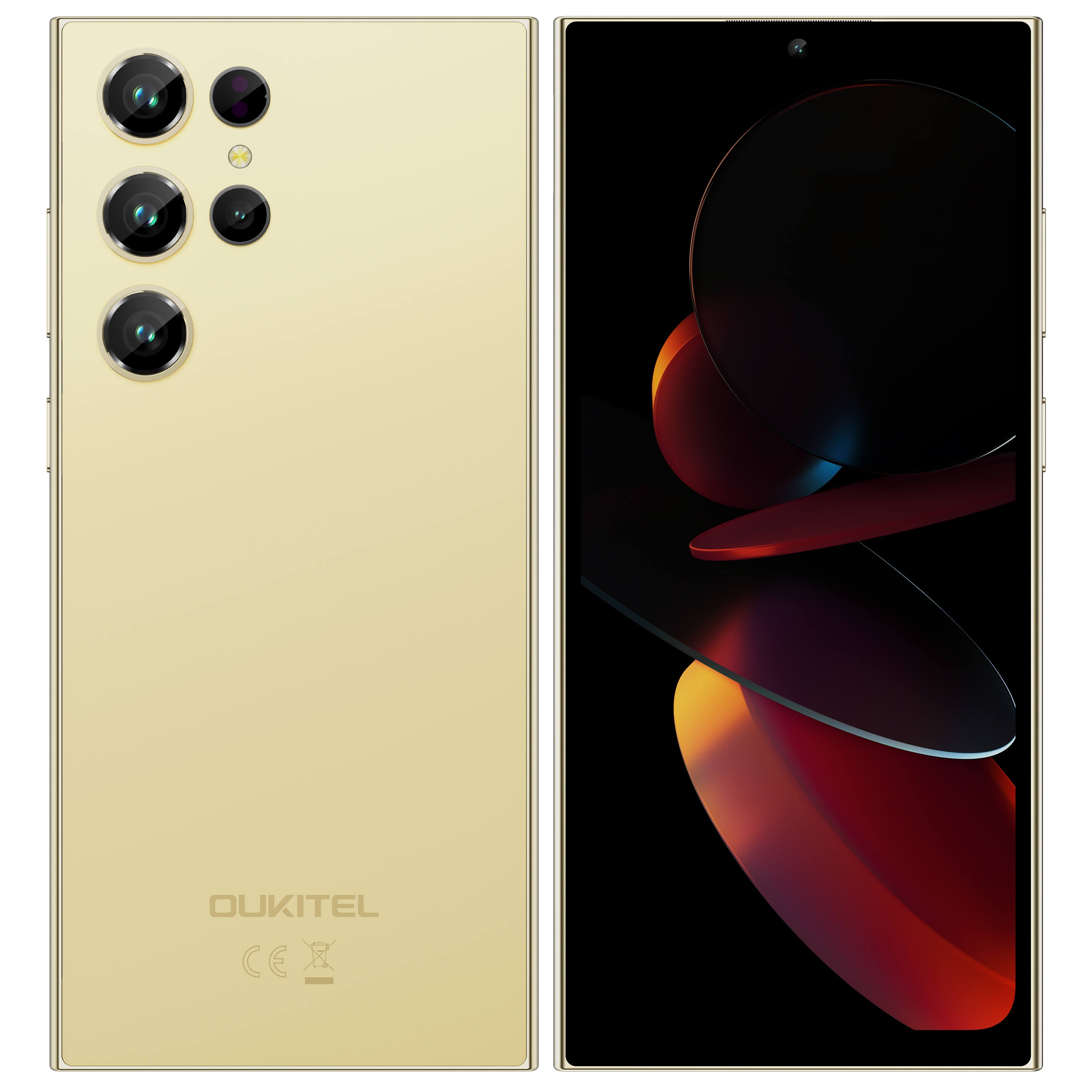 El reverso dorado de un smartphone con cuatro cámaras y una pantalla encendida.