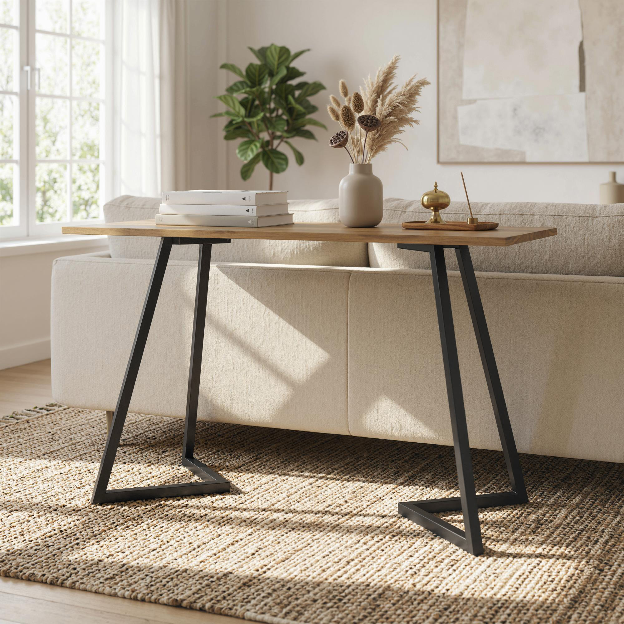 Una mesa de madera con patas negras frente a un sofá, con libros y jarrón.