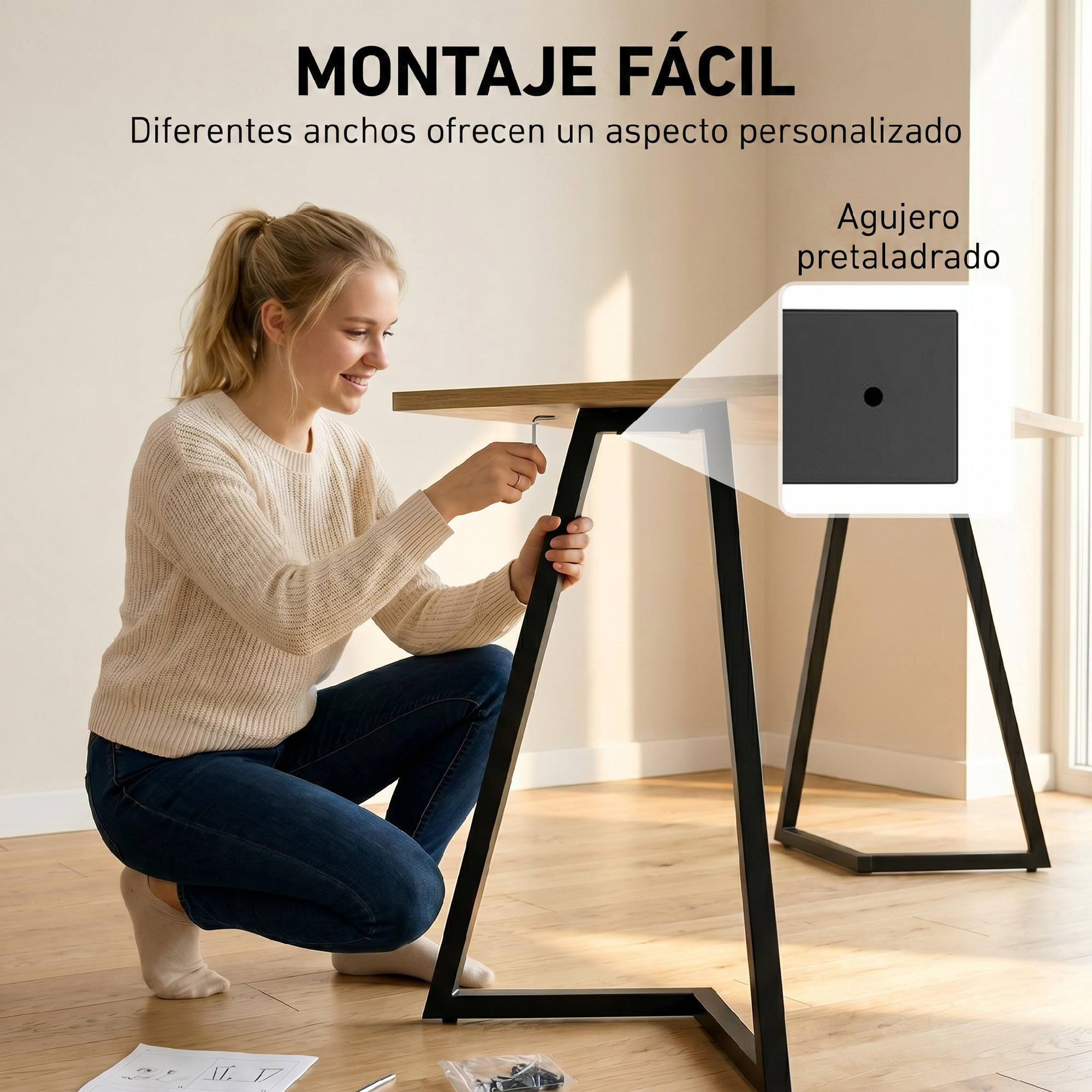 Mujer montando una mesa con una herramienta. Primer plano de un agujero pretaladrado.