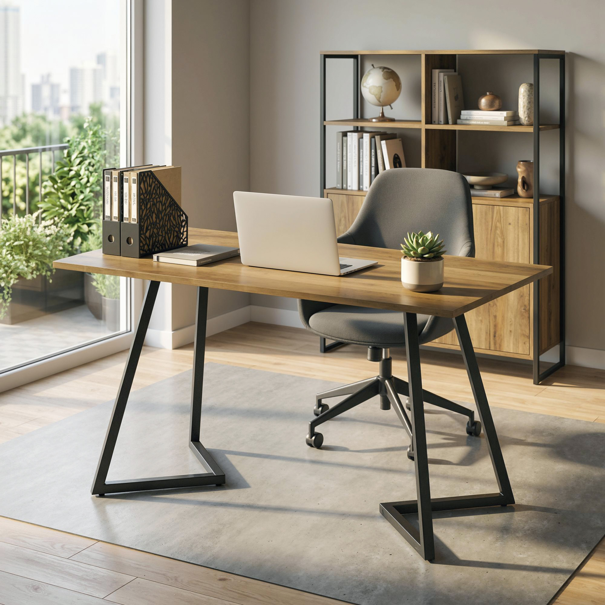 Oficina con escritorio, portátil, silla, archivadores, estantería y ventanas con vistas a la ciudad.