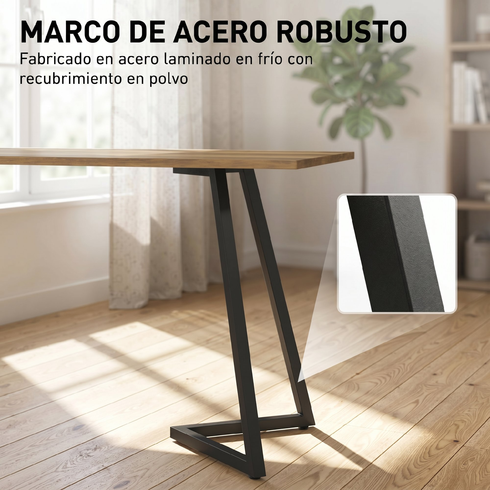 Una mesa de madera con base de metal negro sobre suelo de madera.