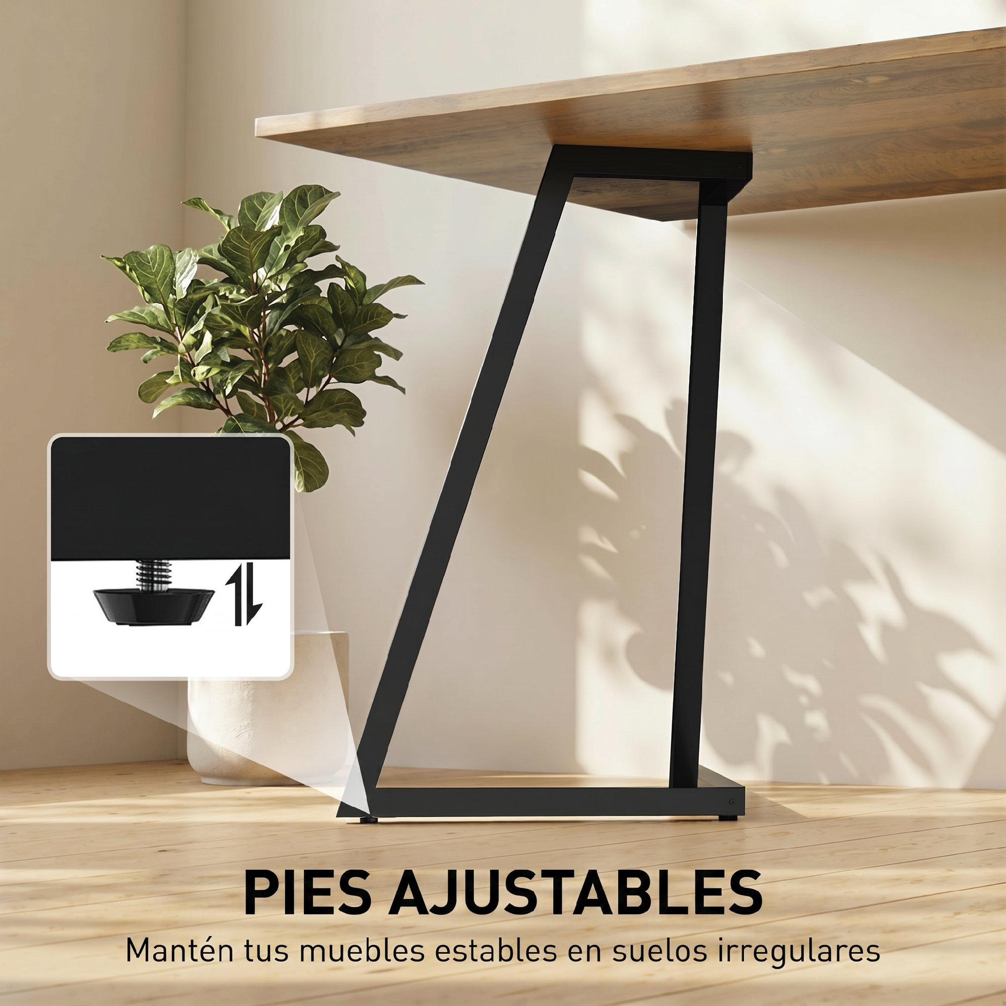 Primer plano de pata de mesa con pie ajustable y planta en maceta.