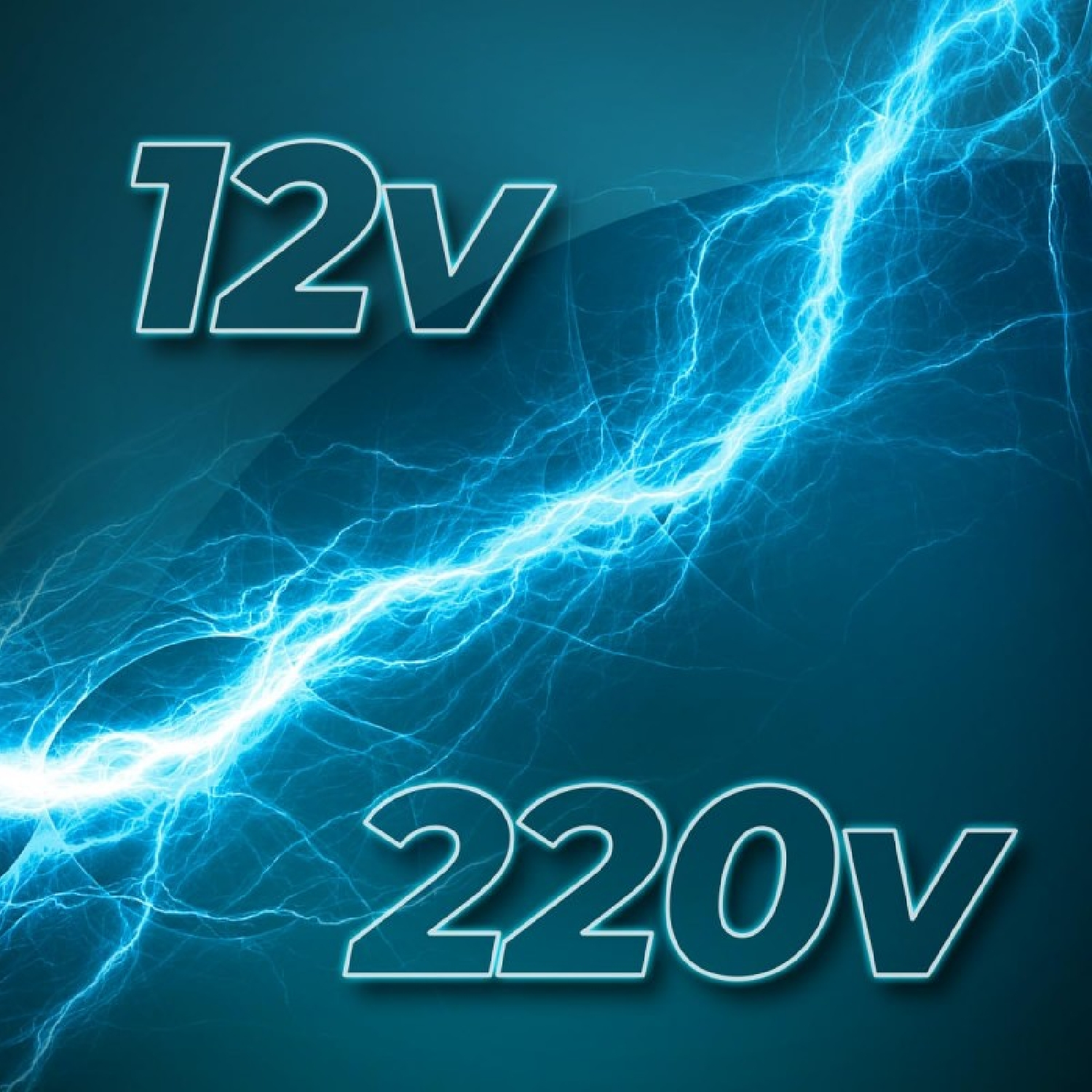 12V e 220V con fulmine blu su sfondo scuro.