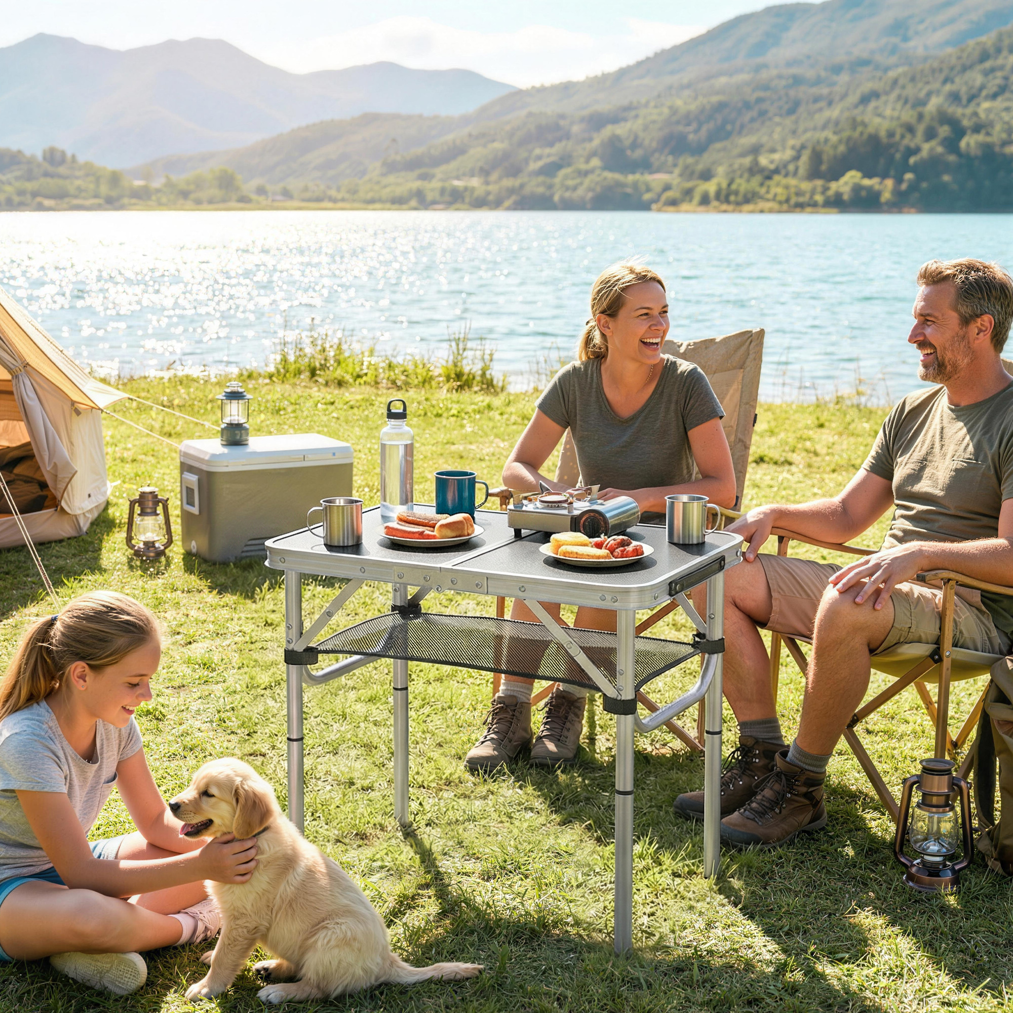 Familia acampando junto a un lago con perro. Comida en mesa, tienda, nevera y faroles.