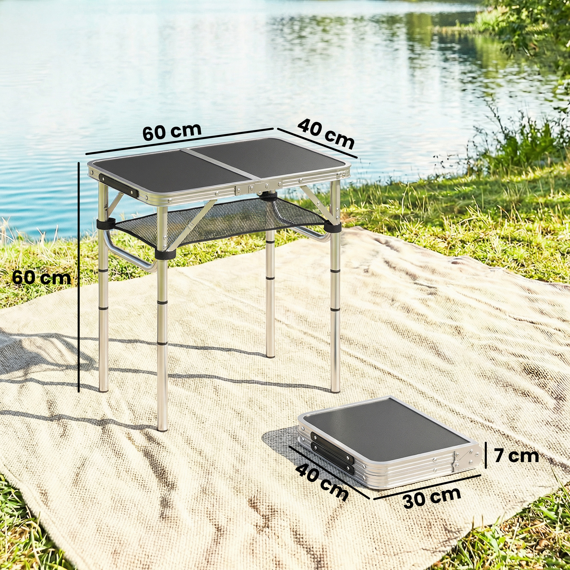 Una mesa plegable de 60x40x60 cm está montada sobre una manta junto a un lago.