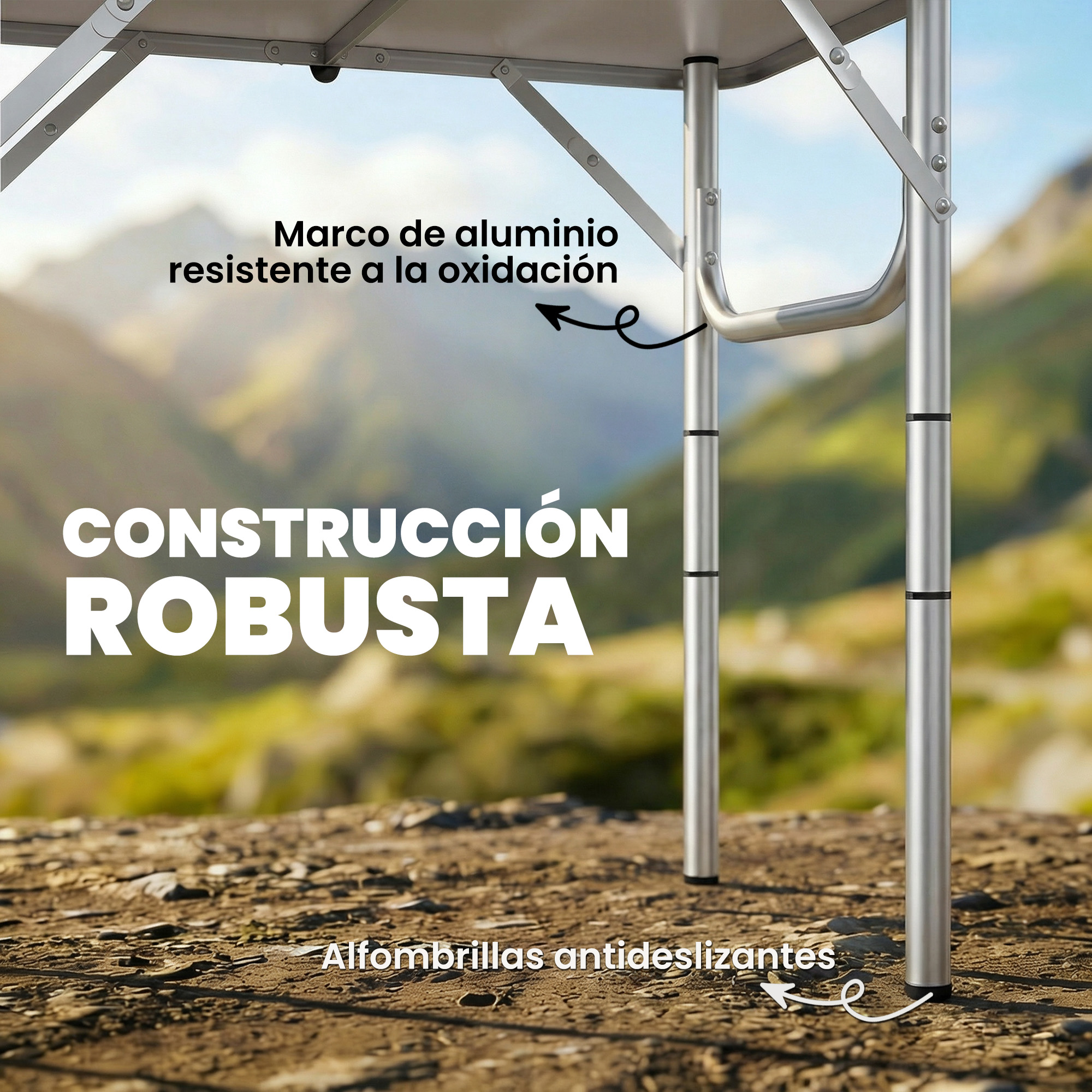 Mesa robusta de aluminio con pies antideslizantes al aire libre.