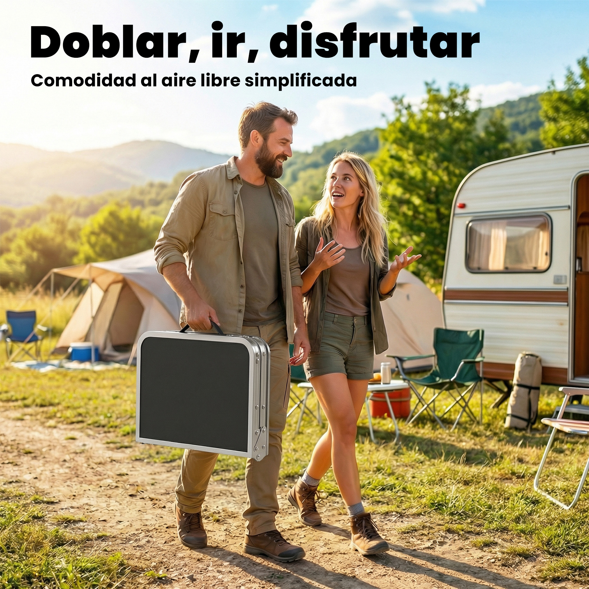 Hombre y mujer caminan con una mesa en un camping, caravana y tienda de campaña al fondo.