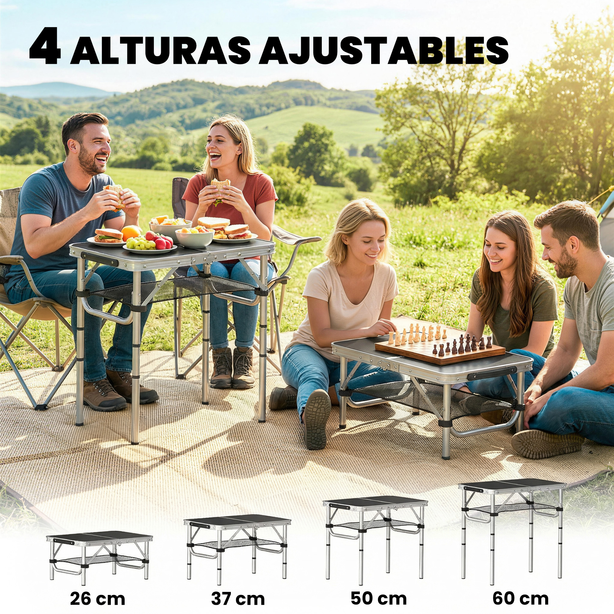 Dos parejas disfrutan de un picnic al aire libre, jugando al ajedrez y comiendo.