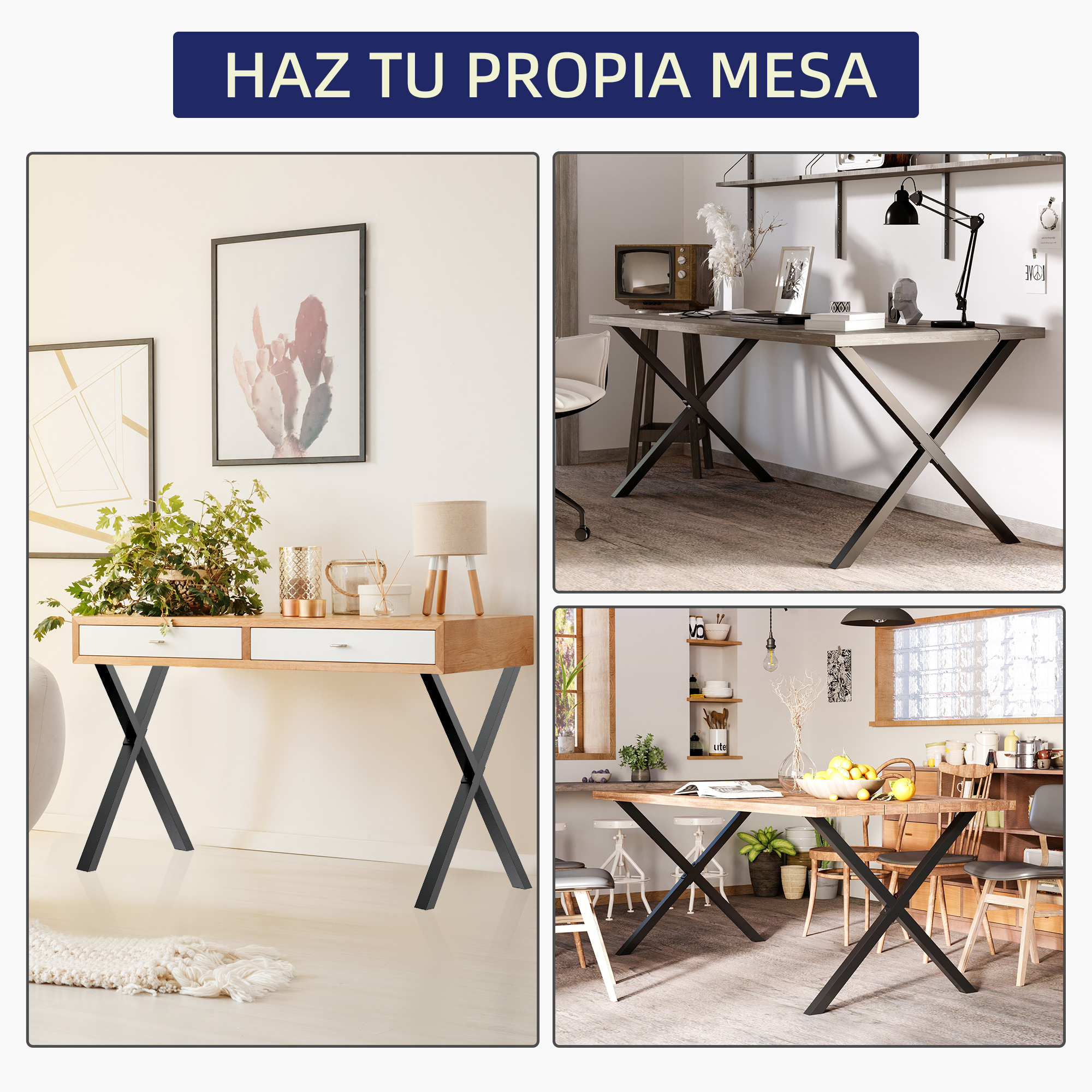 Tres escritorios modernos con patas en forma de X, decorados en varios entornos.