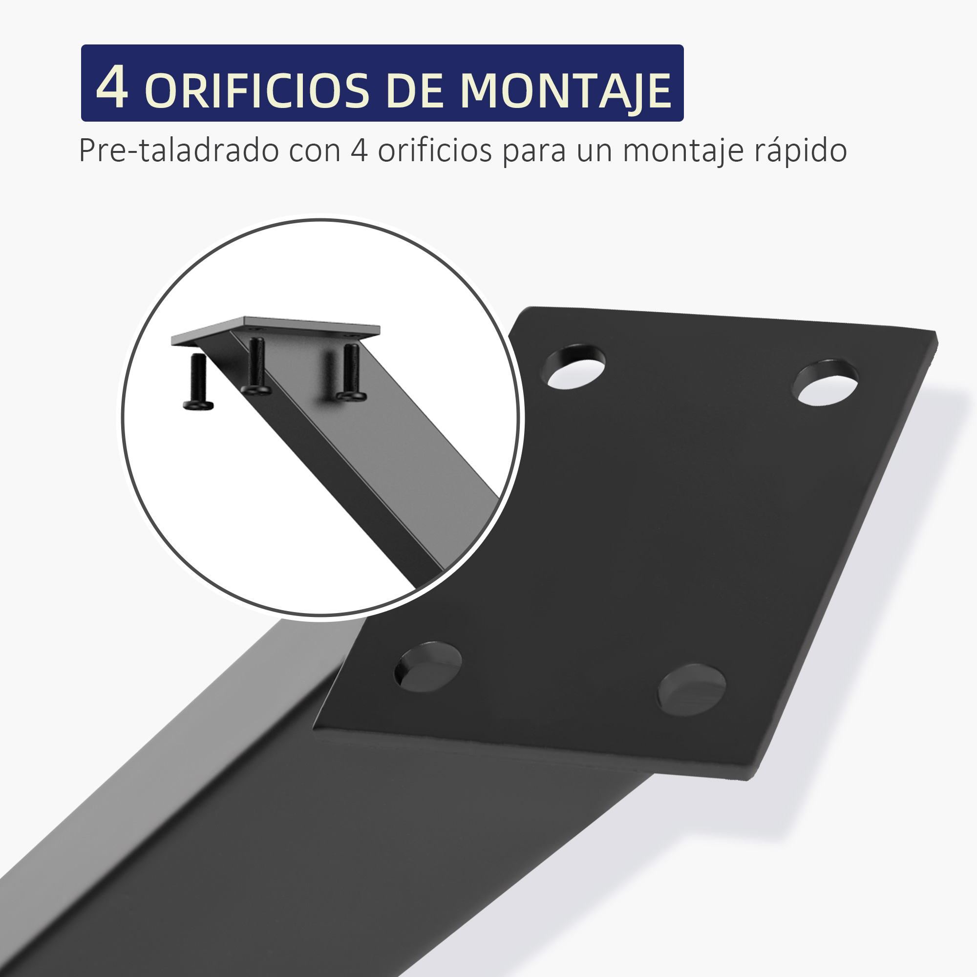 Soporte metálico negro con cuatro orificios de montaje y tornillos.