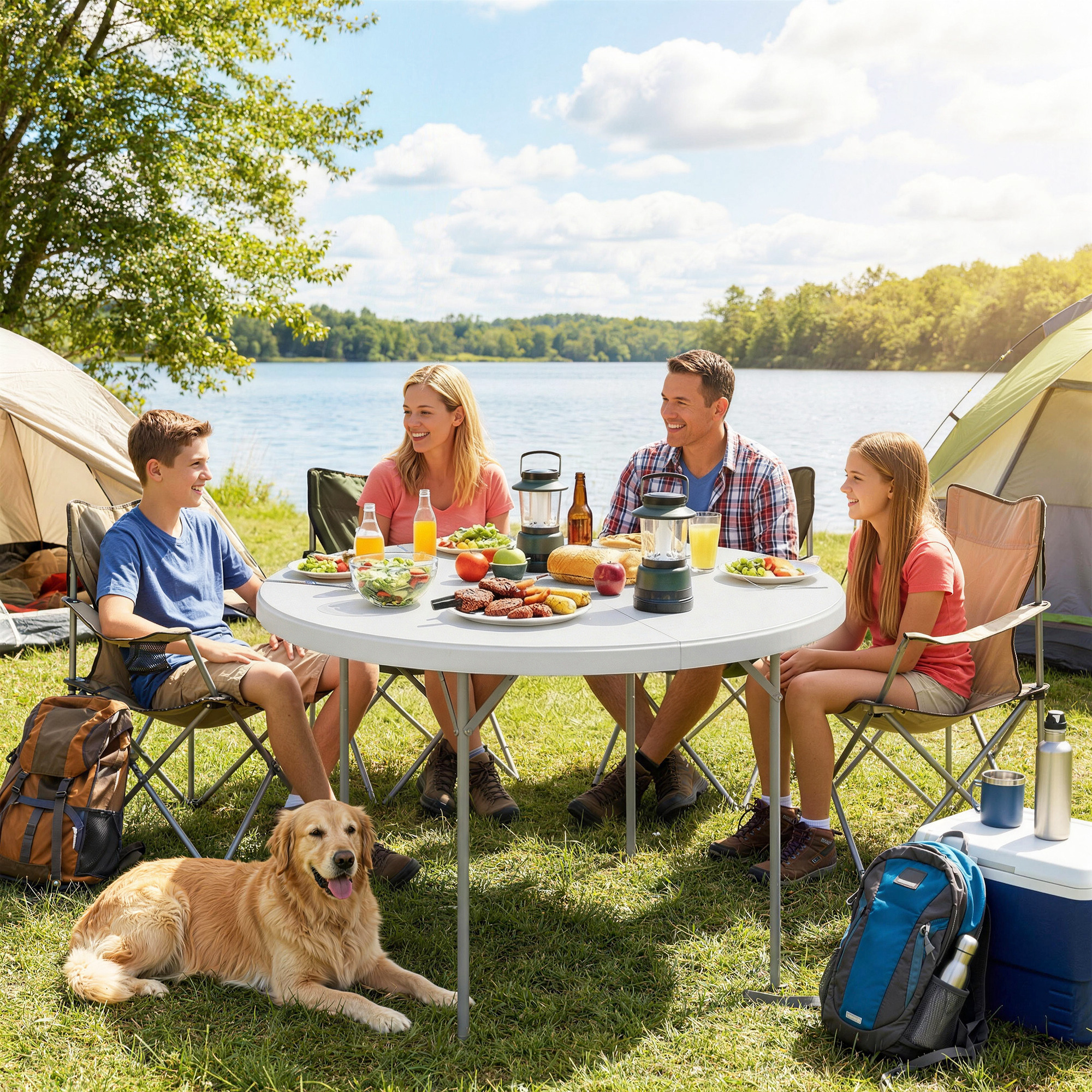 Familia acampando junto a un lago con perro y mesa de picnic con comida.