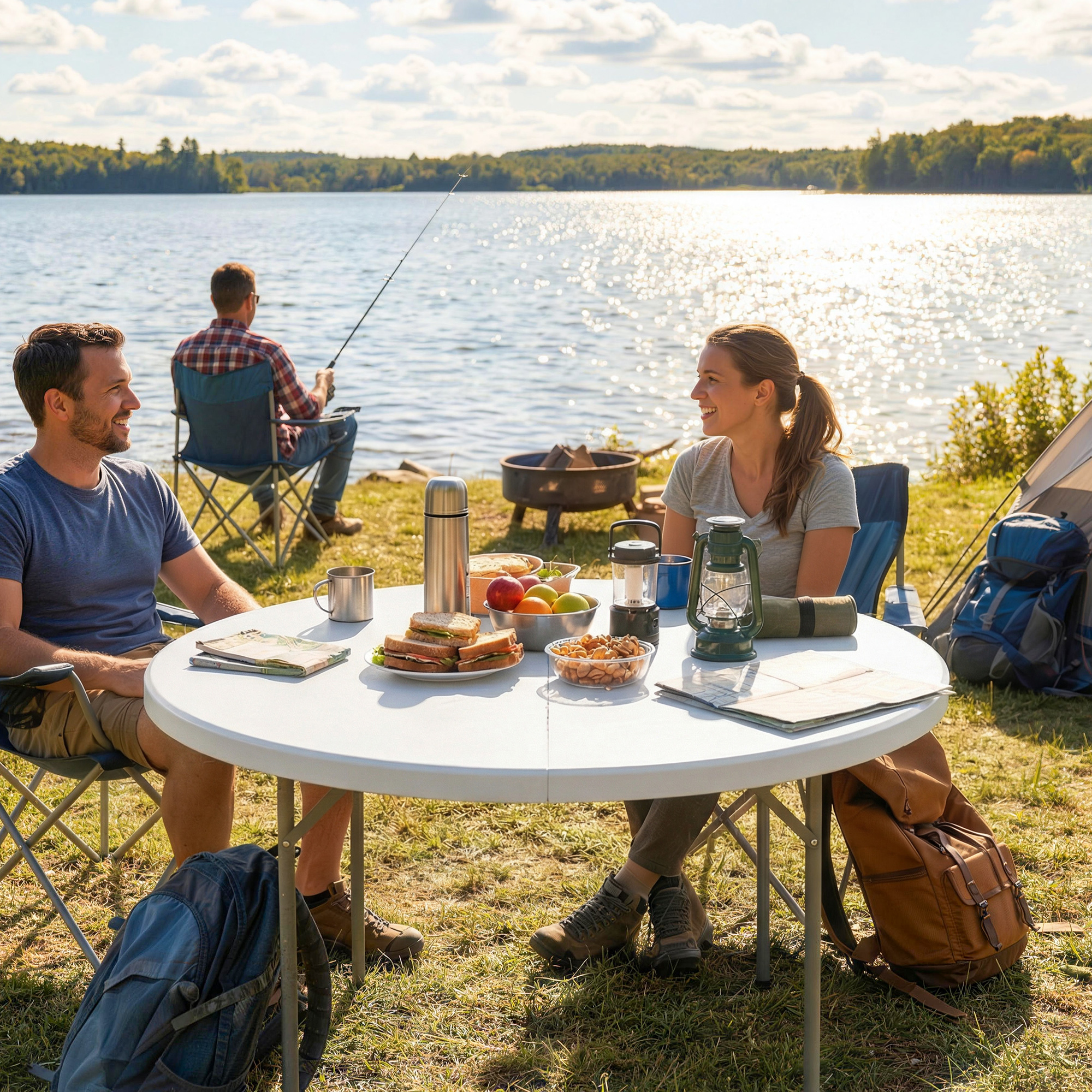Dos parejas acampando junto a un lago. Un hombre pesca mientras una pareja come en una mesa.